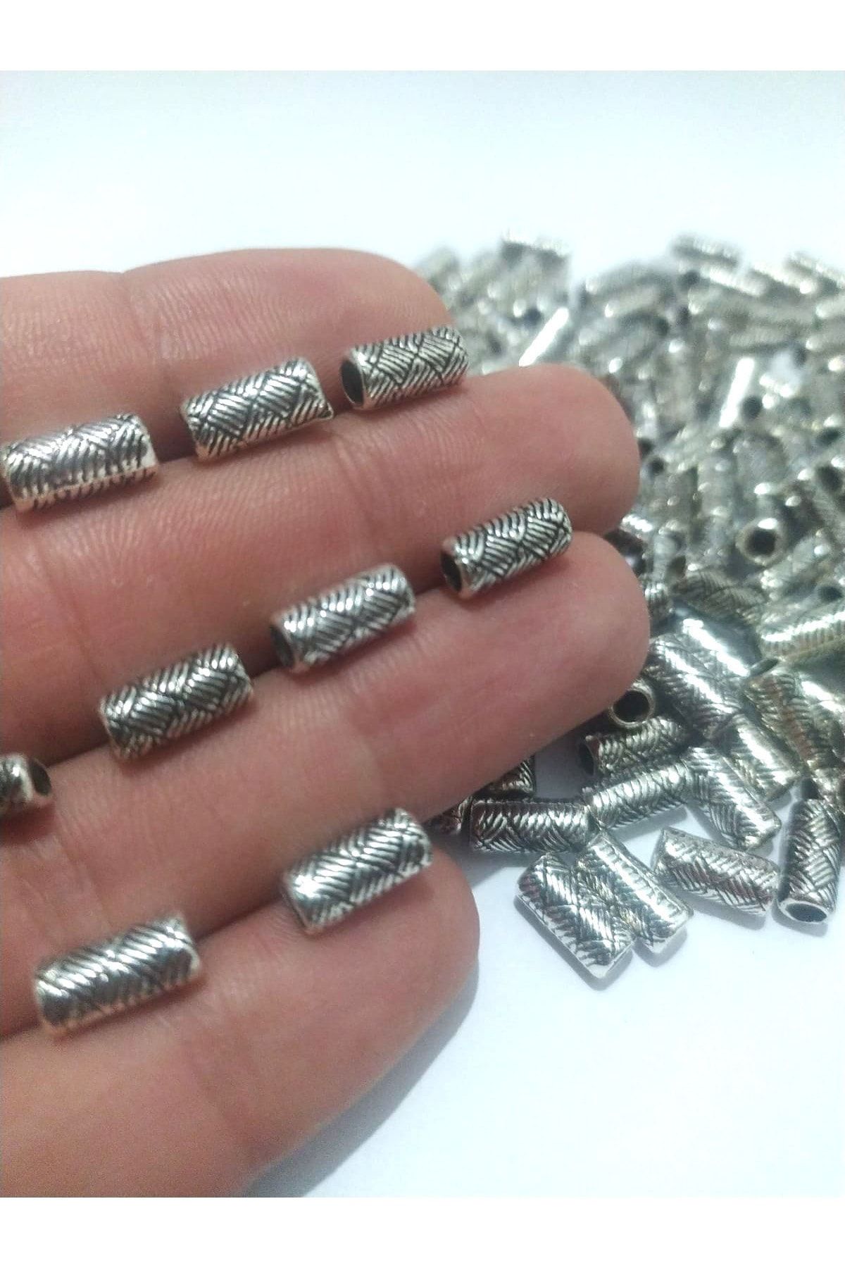 inSade Concept - Takı Tespih Yapımı Için 20 Adet Silver Uzun Silindir Otantik Aparat Boncuk Kolye Bileklik Halhal
