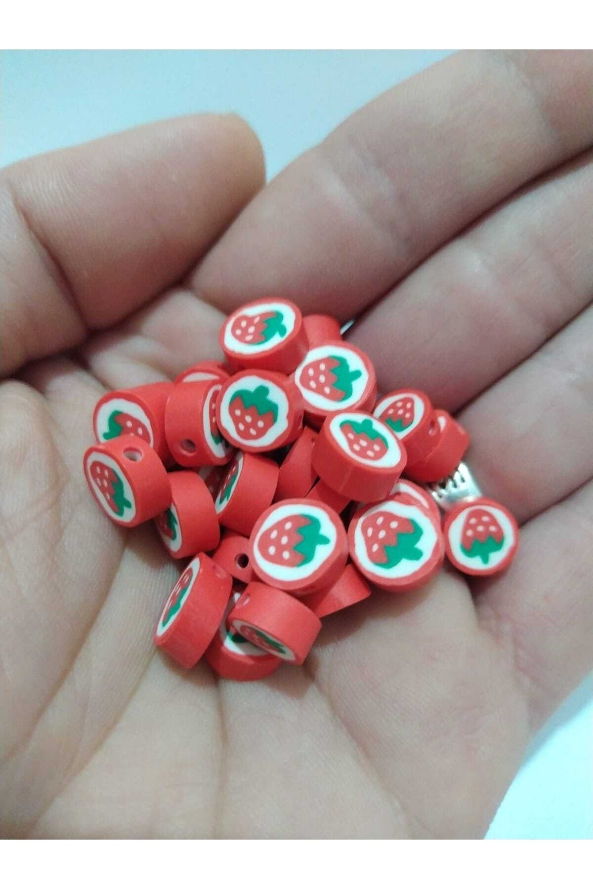 inSade Concept - Takı Yapımı Için 10 Adet Fimo Meyve Çilek Figürlü Şirin Boncuk Şans Kolye Bileklik Halhal Ucu