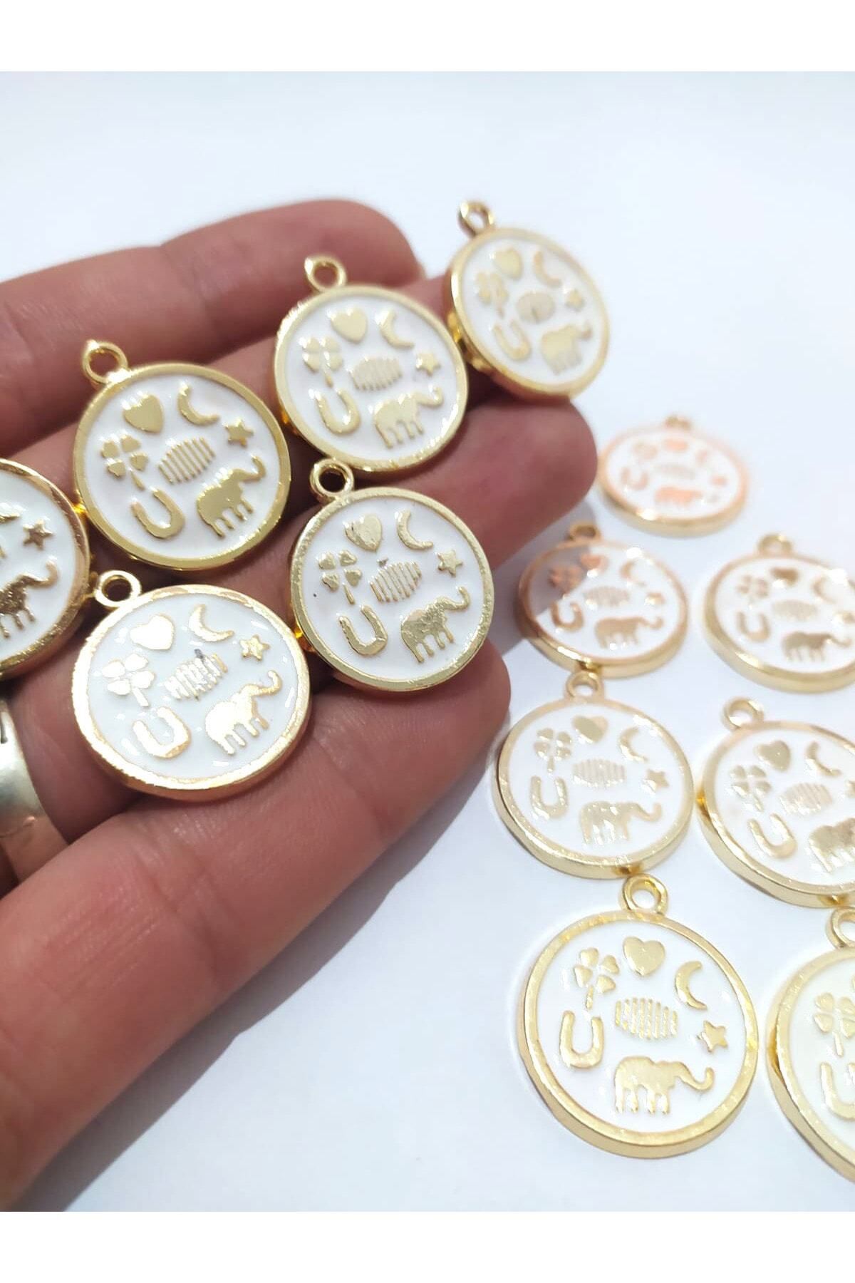 inSade Concept - Takı Yapımı için 5 Adet Gold Beyaz Renk Tılsım Yonca Ay Fil Şans Kolye Bileklik Halhal Ucu