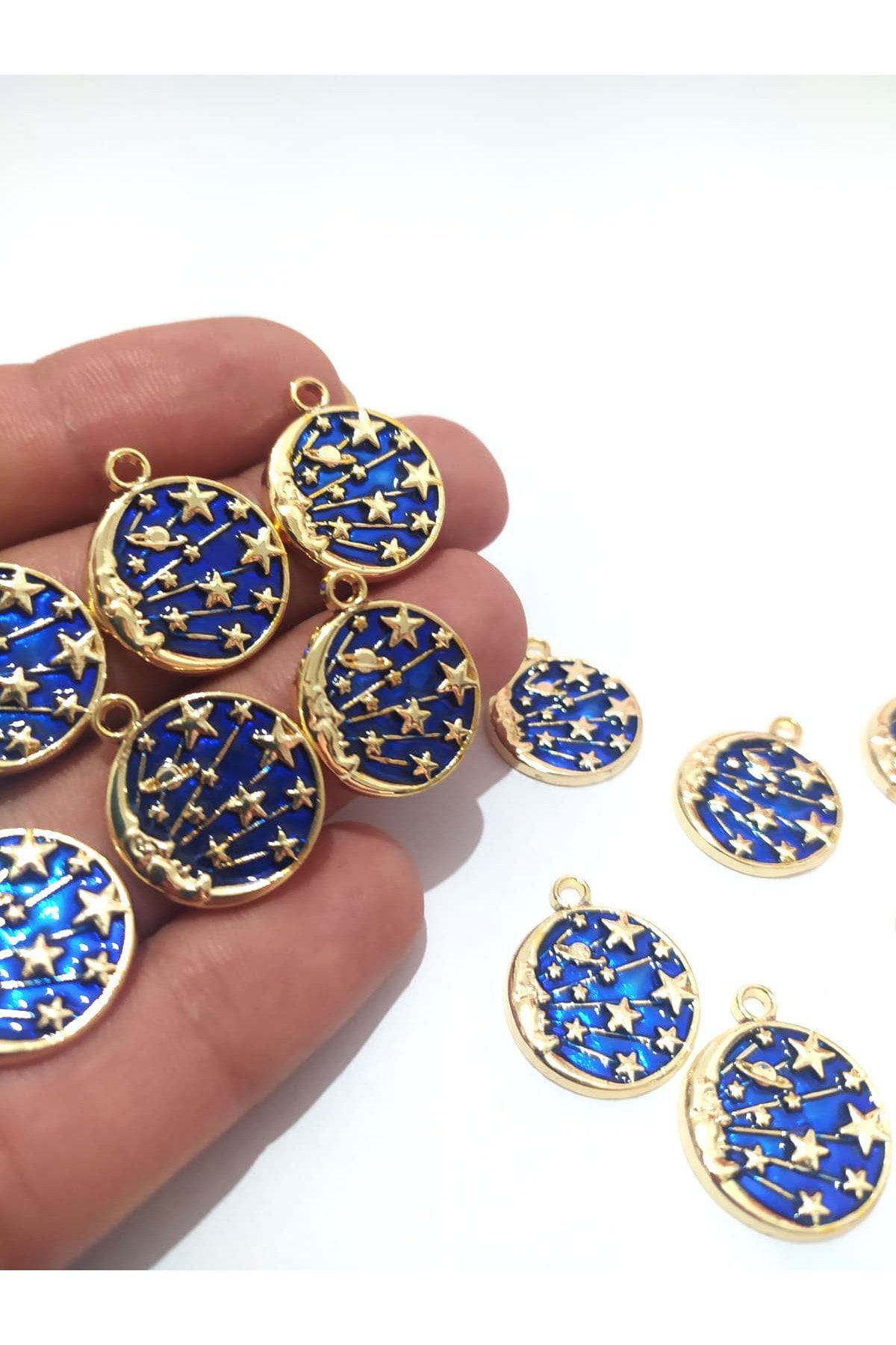 inSade Concept - Takı Yapımı Için 5 Adet Gold Mavi Renk Gökyüzü Zodyak Aydede Şans Kolye Bileklik Halhal Ucu