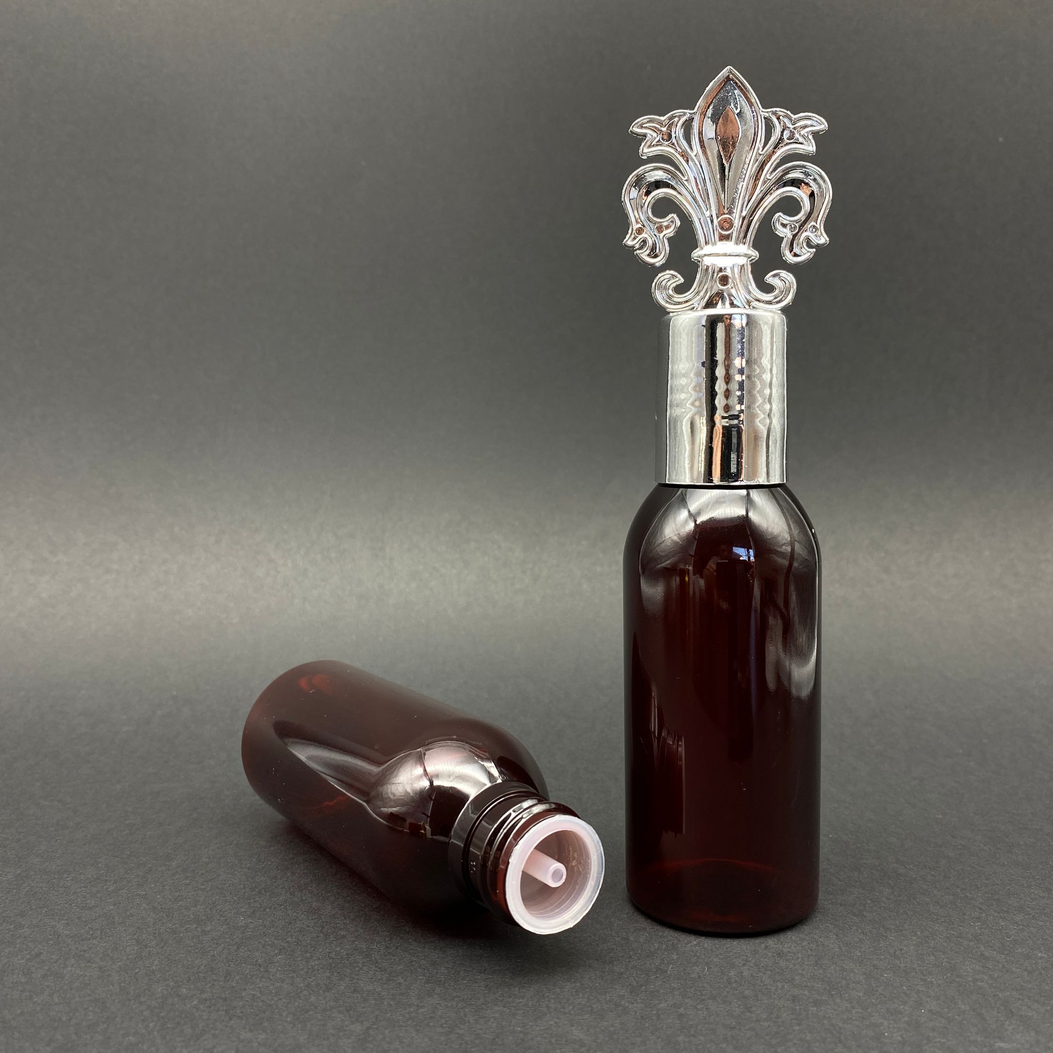100 Cc Amber Sert Pet Şişe - Gümüş Osmanlı Kapaklı - Kolonya Tıpalı - 100 Ml Kahverengi Plastik Kolonya Şişesi