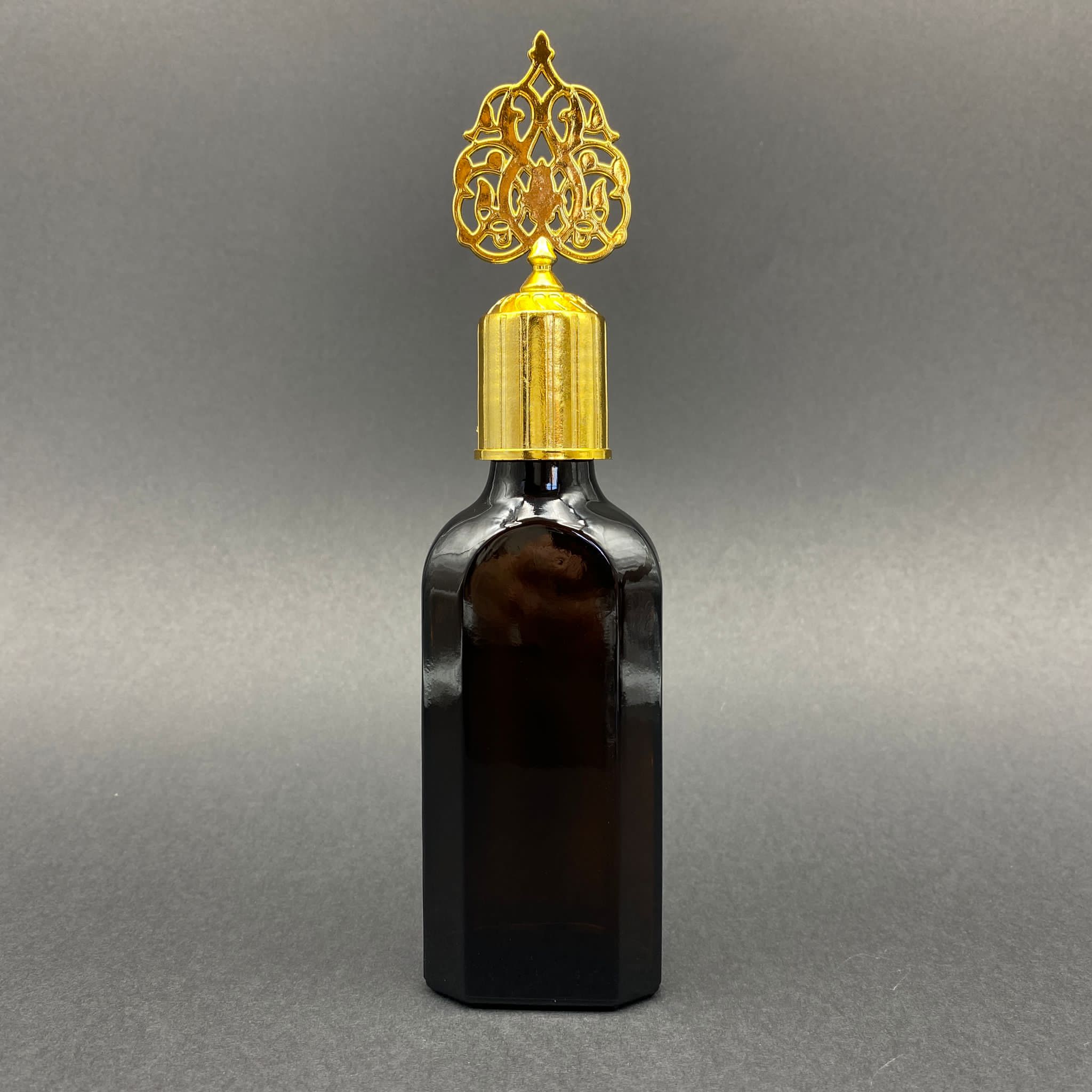 100 Cc Amber Yassı Cam Şişe - Gold Osmanlı Kapaklı - Kolonya Tıpalı  - 100 Ml Kahverengi Yassı Model Cam Kolonya Şişesi