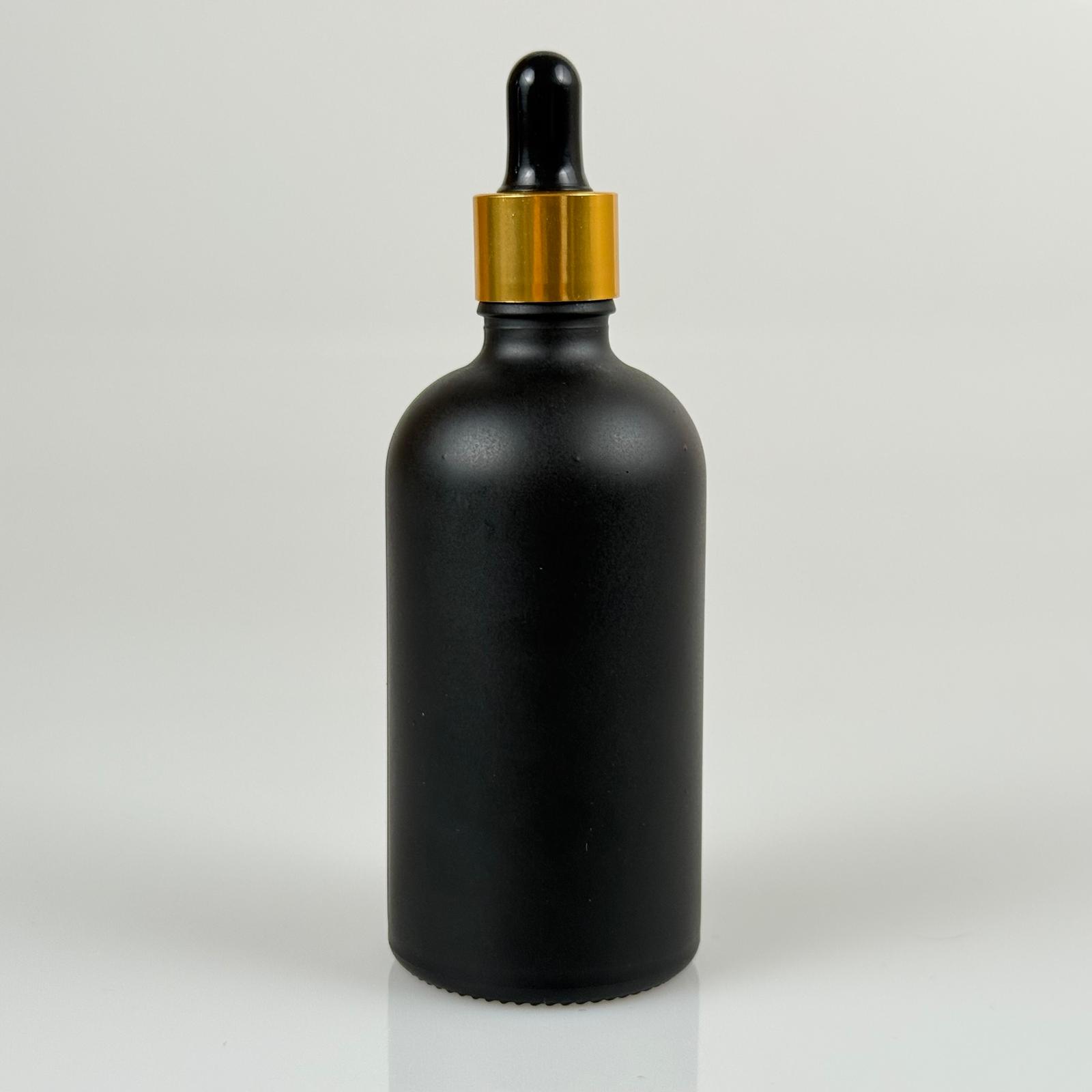 100 Cc Mat Siyah Cam Şişe - Cam Damlalıklı Takım - 100 Ml Siyah Cam Damlalıklı Cam Şişe - Siyah Emzik + Gold Metal Kapak