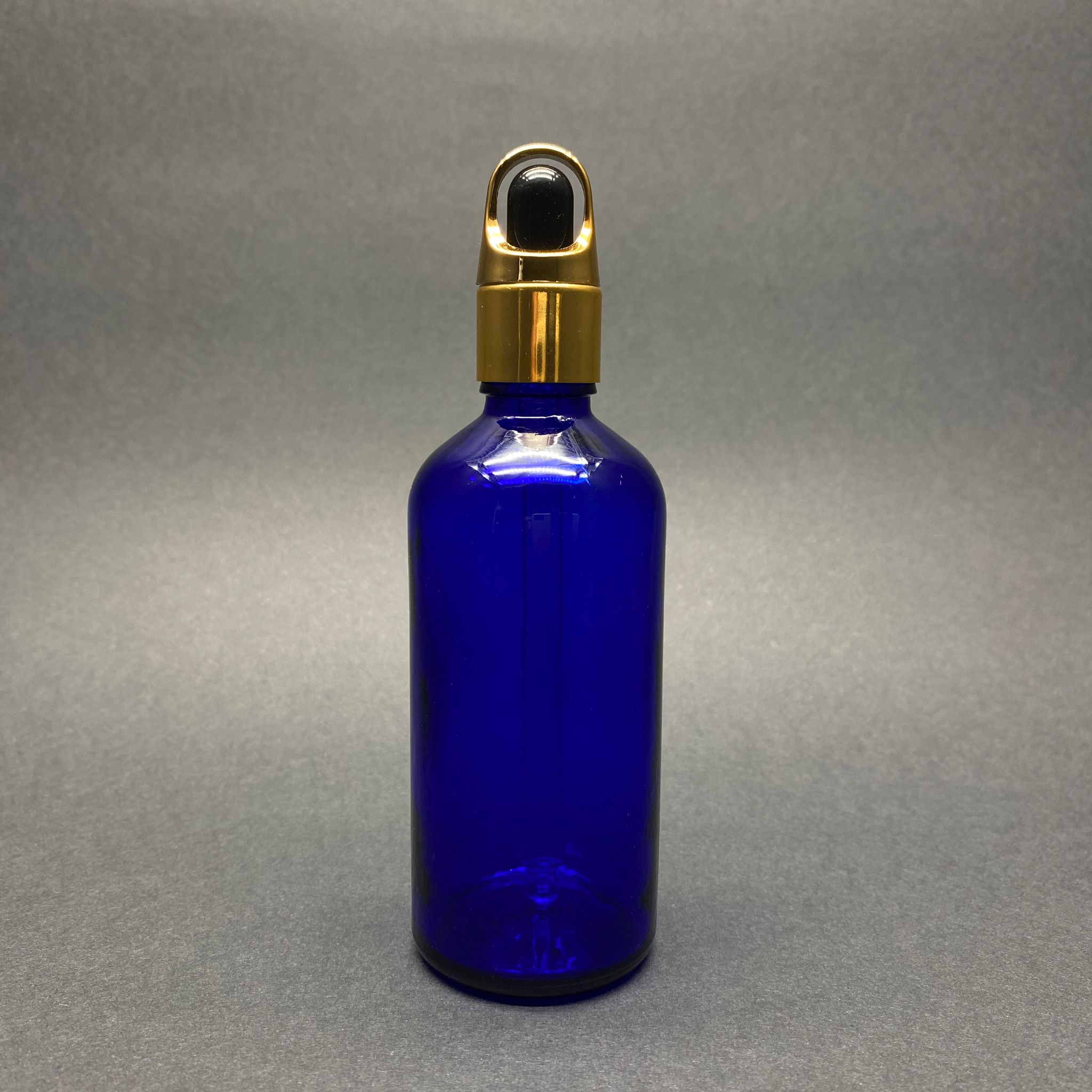 100 Cc Mavi Cam Damlalıklı Şişe - Siyah Emzik - Gold Flower Sepet Model Metalik Kapak - 100 Ml Cam Damlalıklı Şişe