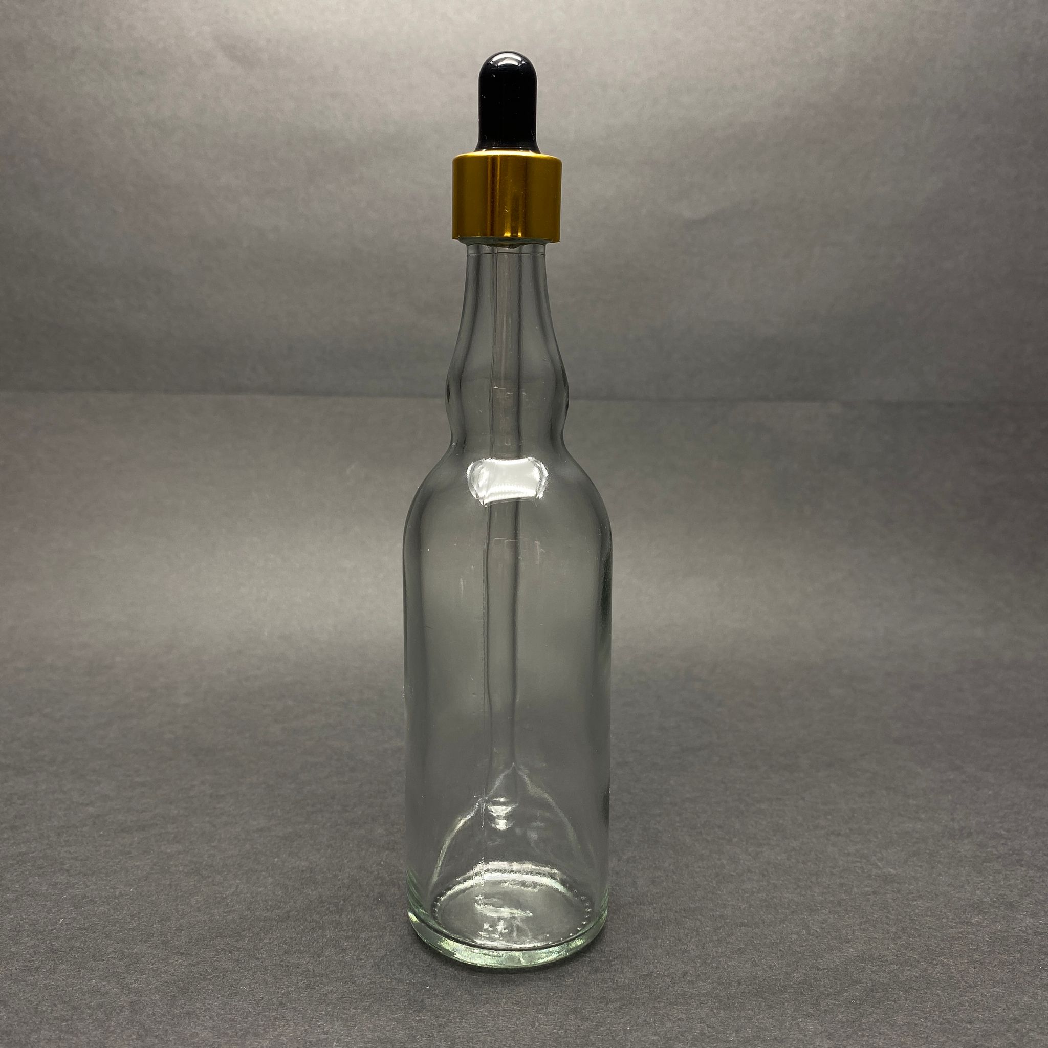 100 Cc Şeffaf Cam Damlalıklı Şişe Boğumlu Model - Siyah Emzik - Gold Metal Kapak - 100 Ml Saydam Cam Damlalıklı Şişe