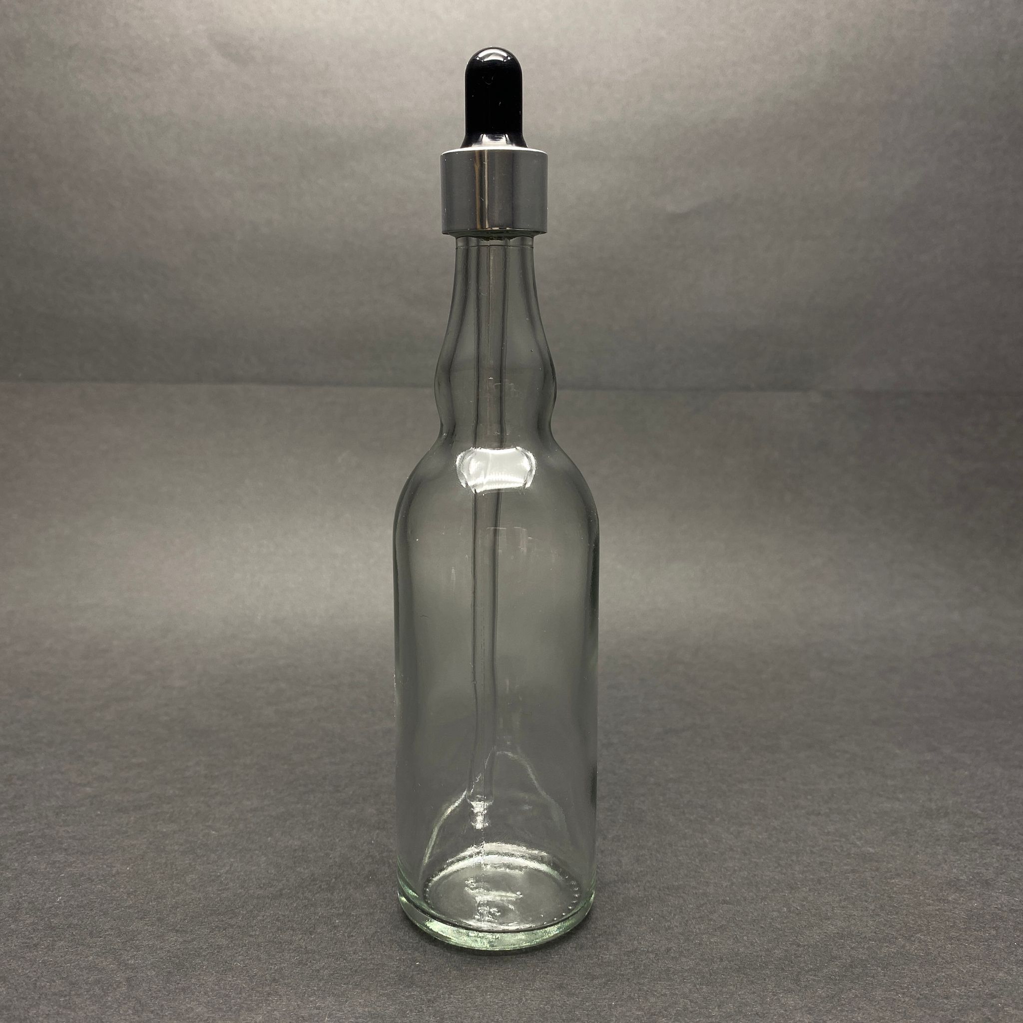 100 Cc Şeffaf Cam Damlalıklı Şişe Boğumlu Model - Siyah Emzik - Gümüş Metal Kapak - 100 Ml Saydam Cam Damlalıklı Şişe