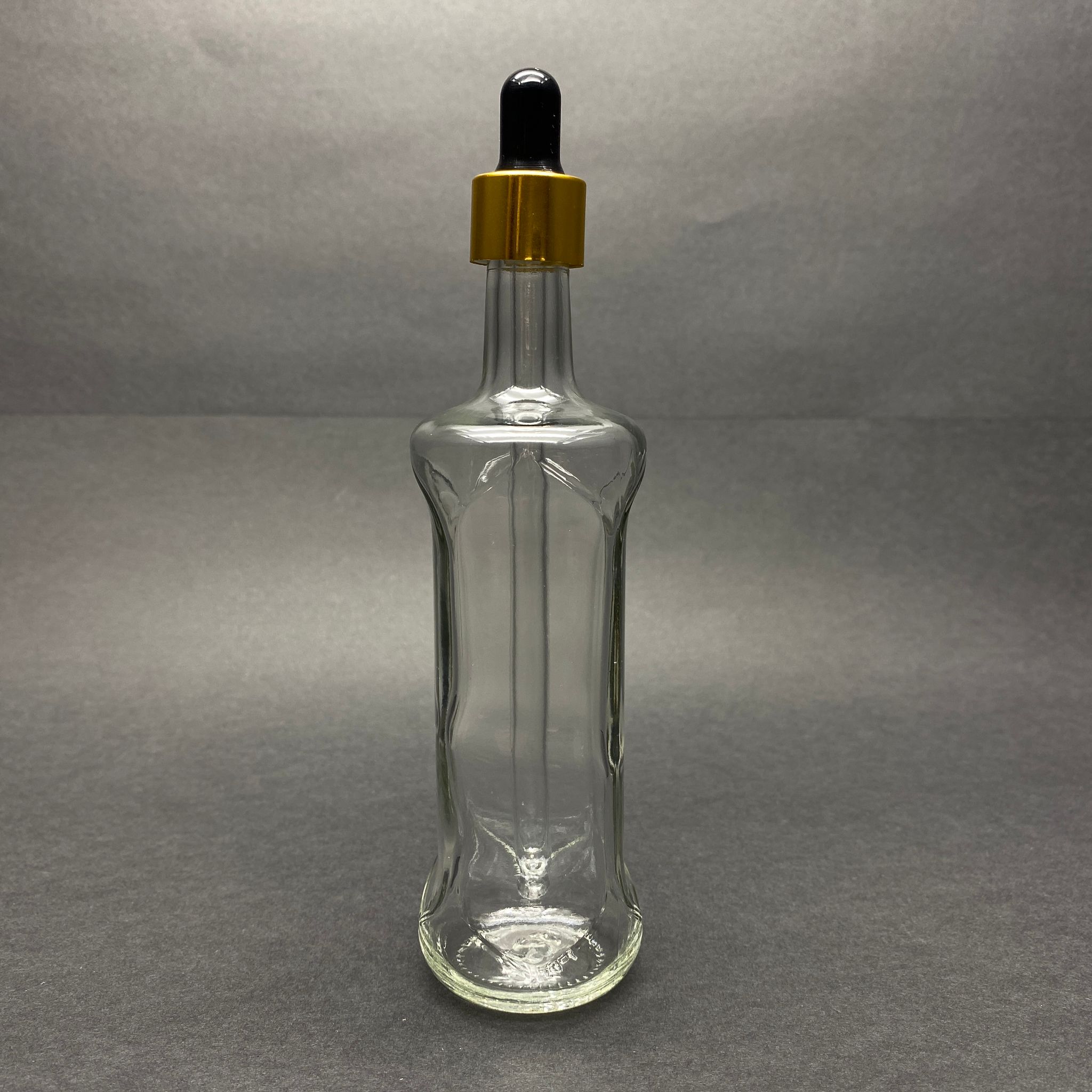 100 Cc Şeffaf Cam Damlalıklı Şişe Dorika Model - Siyah Emzik - Gold Metal Kapak - 100 Ml Saydam Cam Damlalıklı Şişe