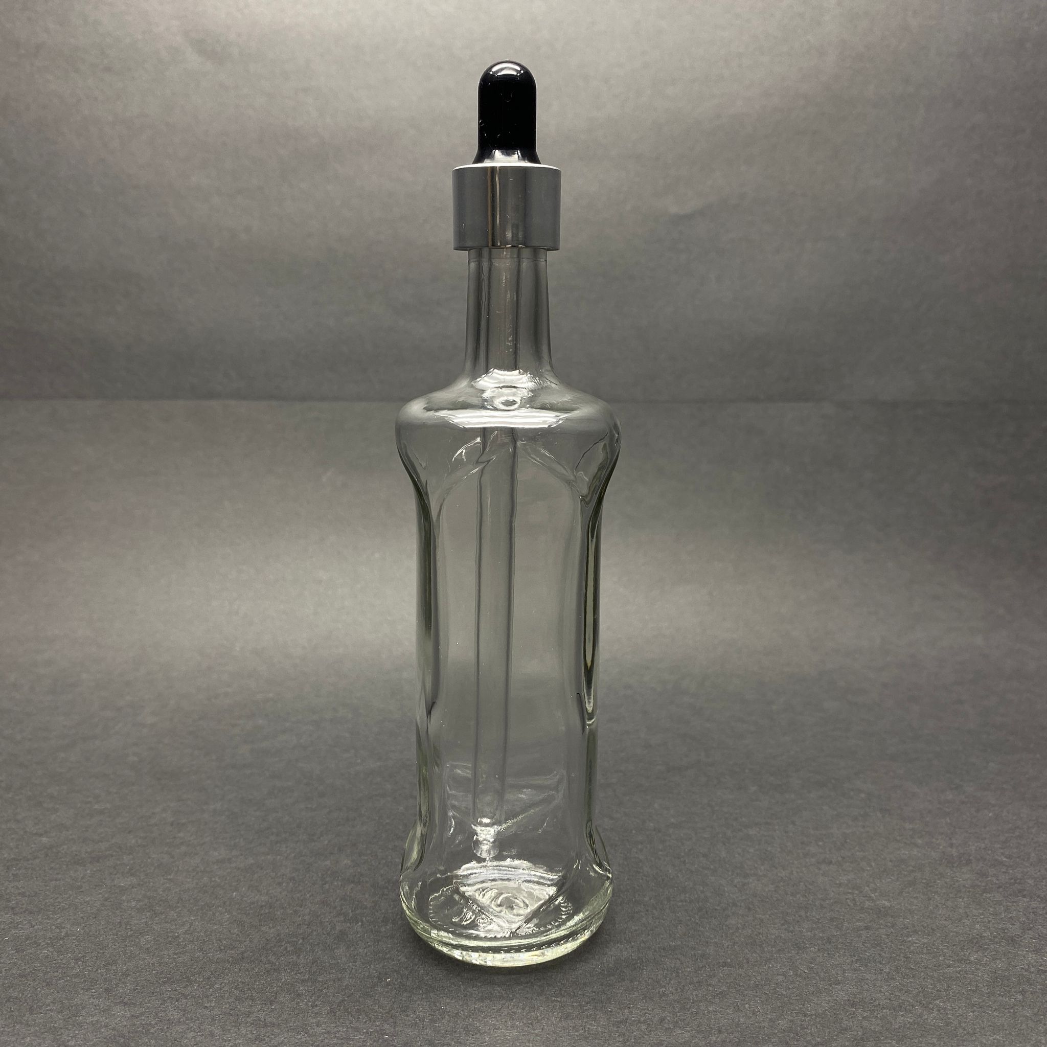 100 Cc Şeffaf Cam Damlalıklı Şişe Dorika Model - Siyah Emzik - Gümüş Metal Kapak - 100 Ml Saydam Cam Damlalıklı Şişe