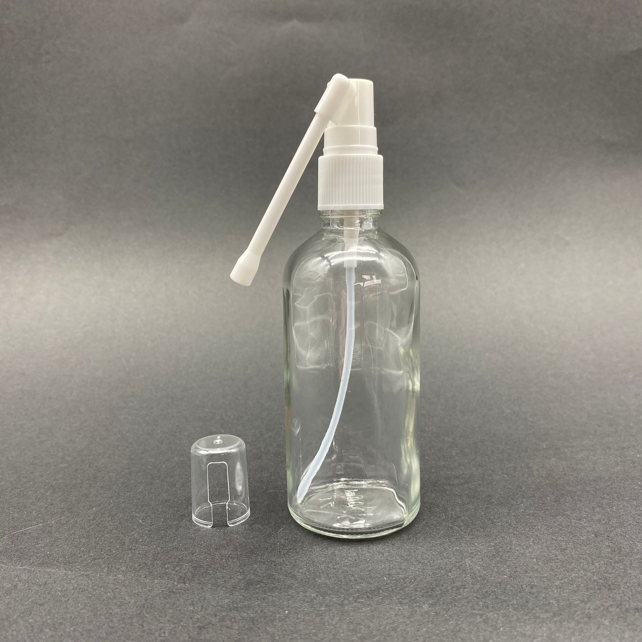 100 Cc Şeffaf Cam Şişe - Beyaz Oral (Boğaz) Spreyli Takım - 100 Ml Spreyli Cam Şişe