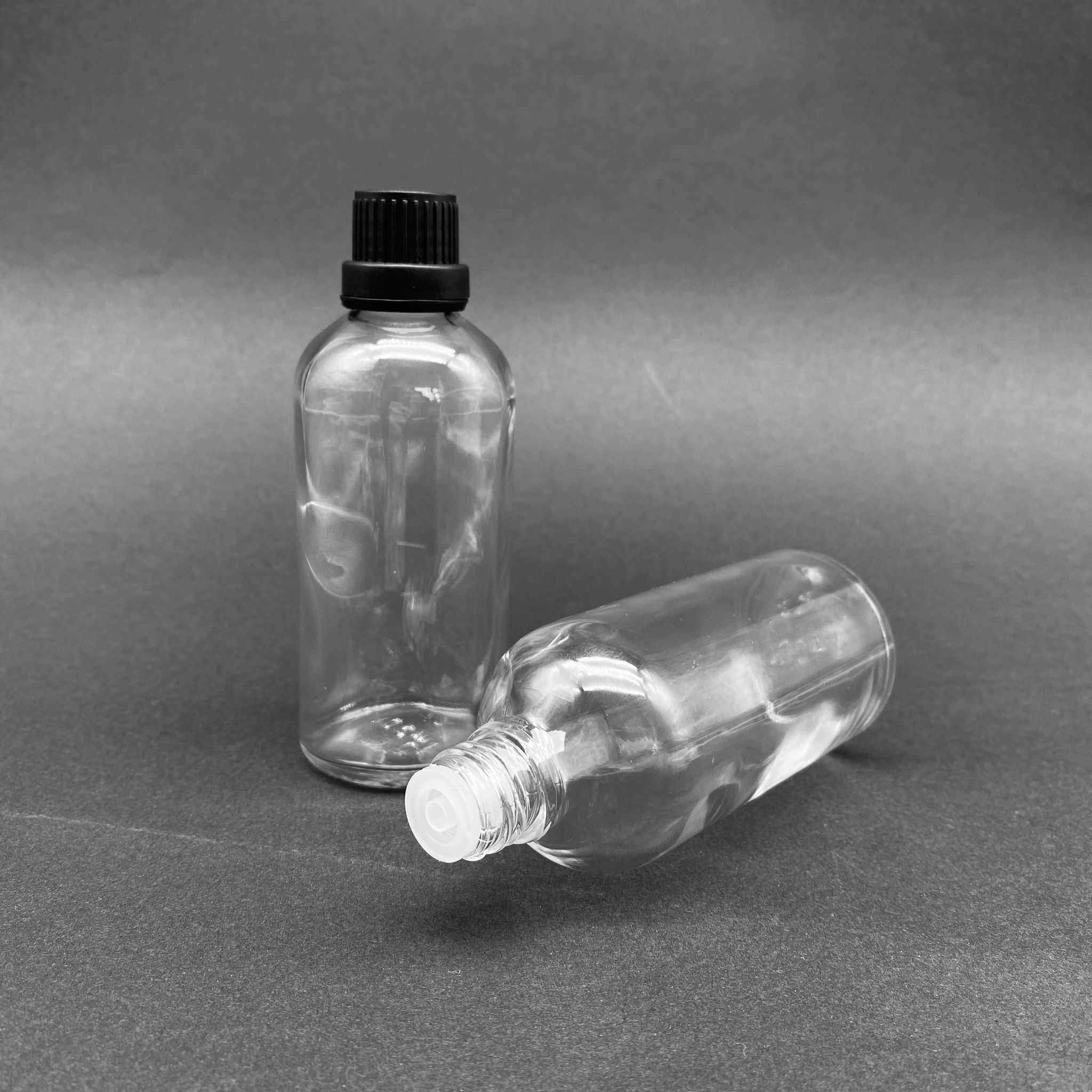 100 Cc Şeffaf İçten Damlalıklı - Siyah Kilit Kapaklı Cam Şişe - 100 Ml Saydam Standart İçten Damlalıklı Cam Şişe