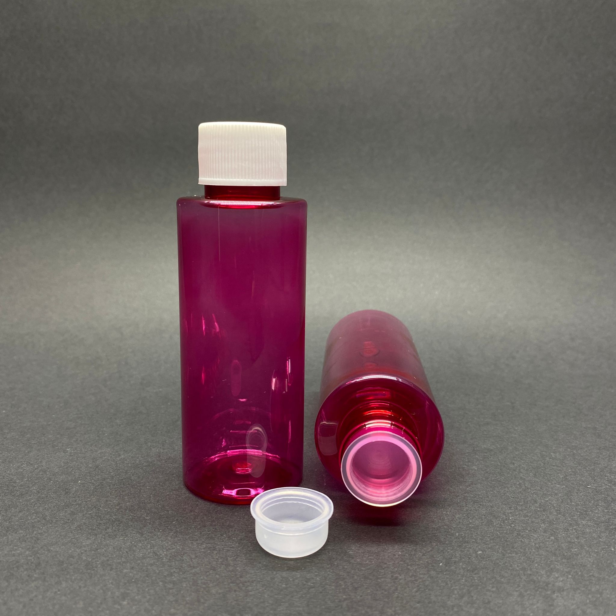 100 Cc Silindir Keskin Küt Model Sert (17 Gr) Pet Şişe - Beyaz Contalı Kapaklı + Kör Tıpalı - Ağız Çapı 24 Mm - Pembe