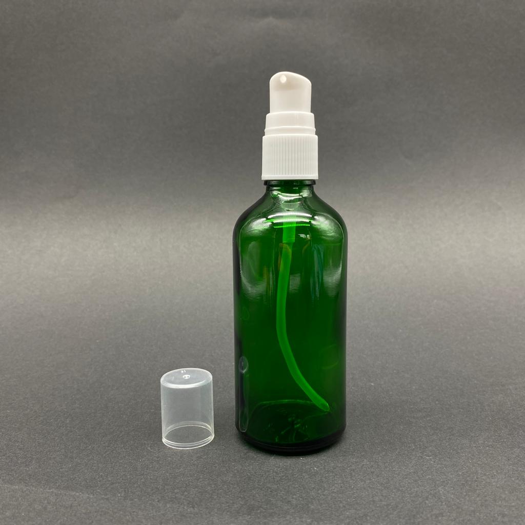 100 Cc Yeşil Cam Şişe Beyaz Losyon Pompalı Takım - 100 Ml Pompalı Cam Şişe