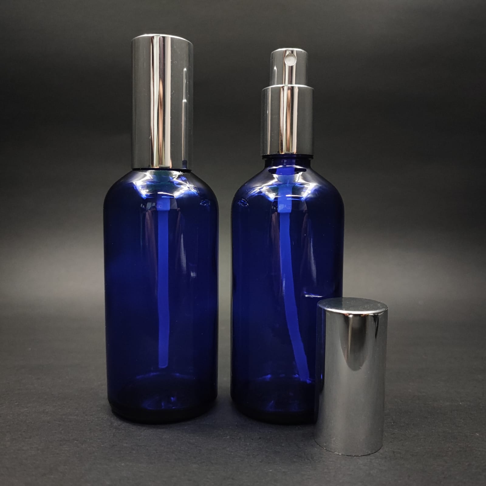 100 Ml Lüks Vidalı Valf Çevirme Parfüm Şişeleri - 100 Cc Mavi Cam Şişe - Gümüş Metal Spreyli Kapaklı Set