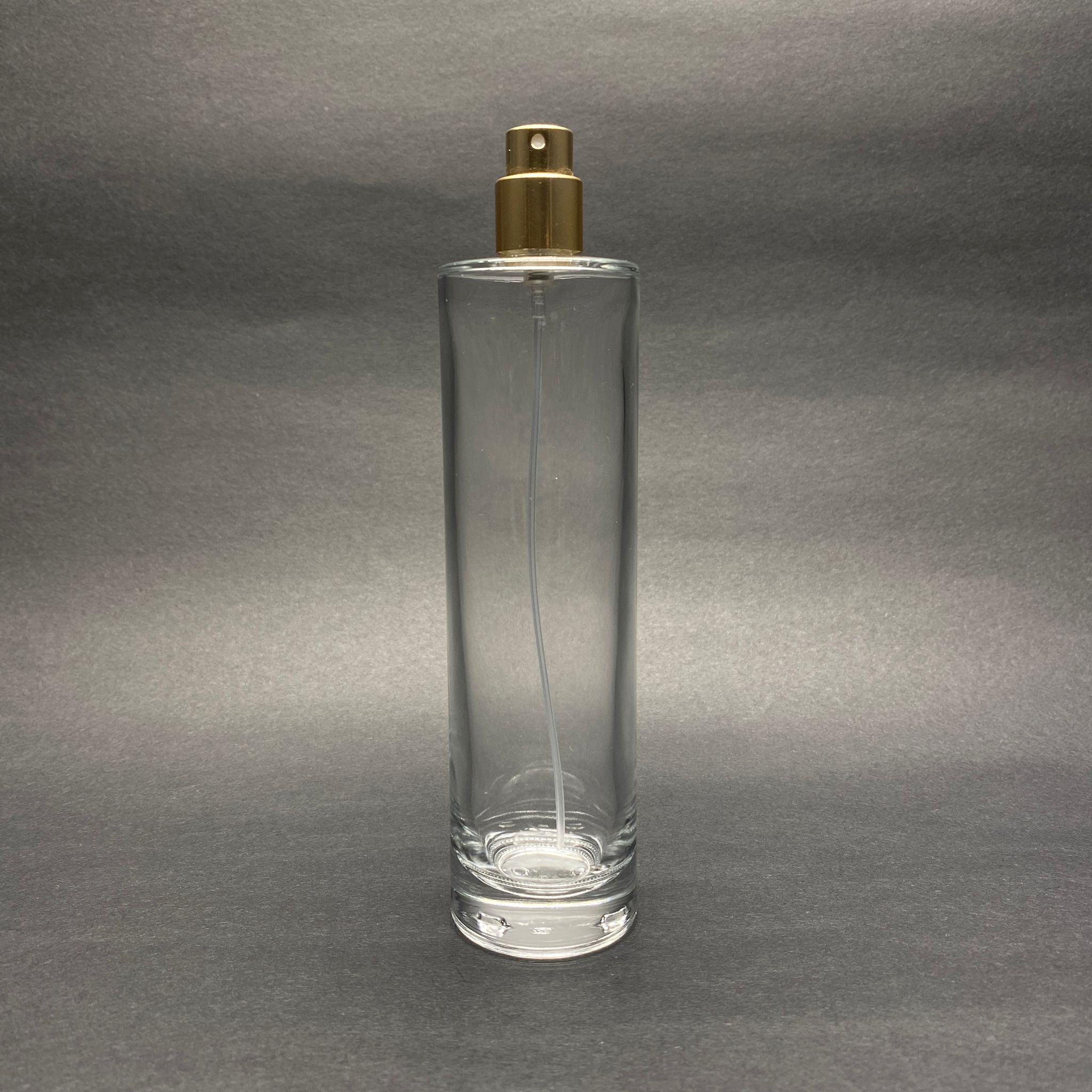 100 Ml Silindir Model Uzun Pealy Parfüm Şişesi - Gold Metal Spreyli (Ağız 15 Mm Geçme Kolay Kapama)