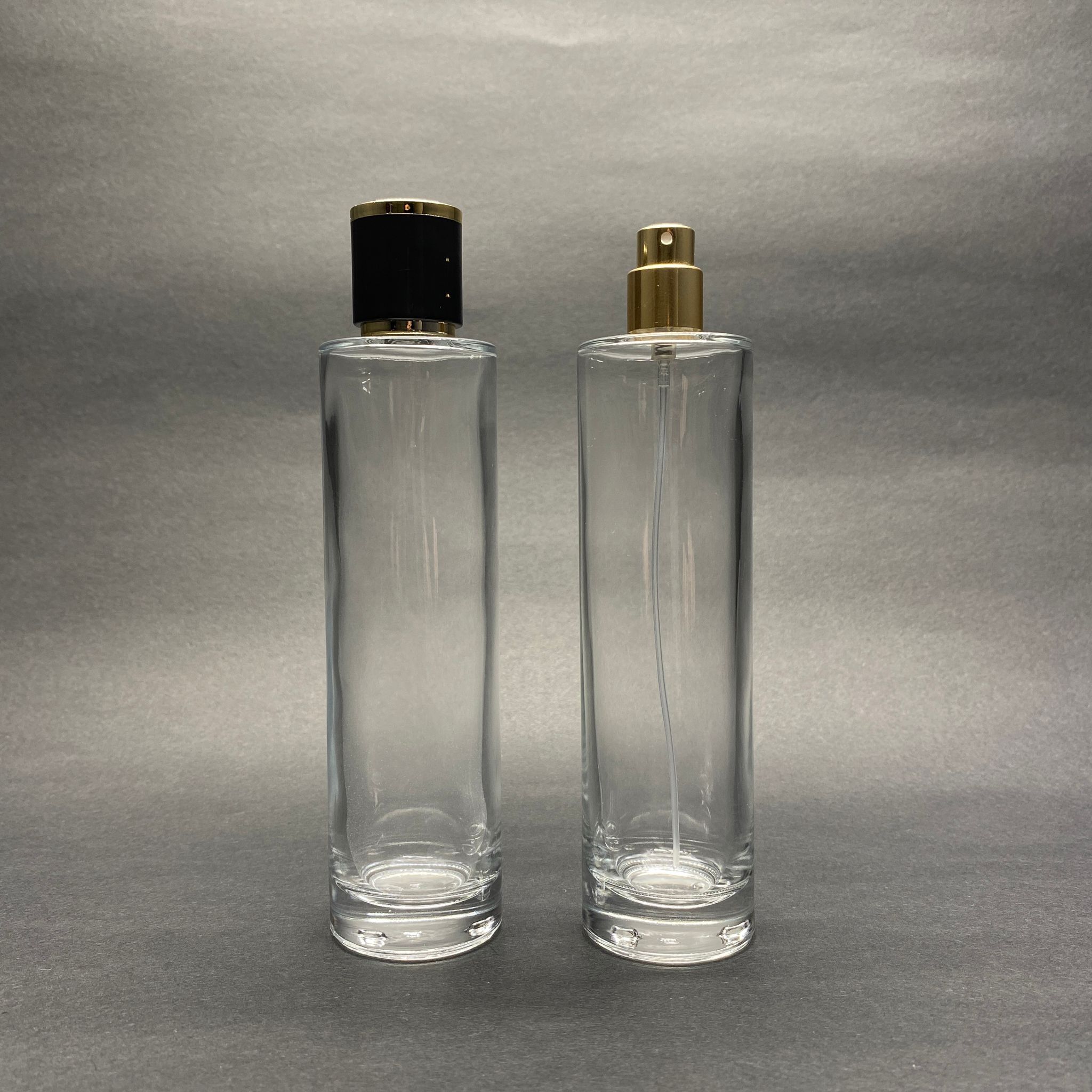 100 Ml Silindir Model Uzun Pealy Parfüm Şişesi - Gold Metal Spreyli + Gold Siyah Kapaklı (Ağız 15 Mm Geçme Kolay Kapama)