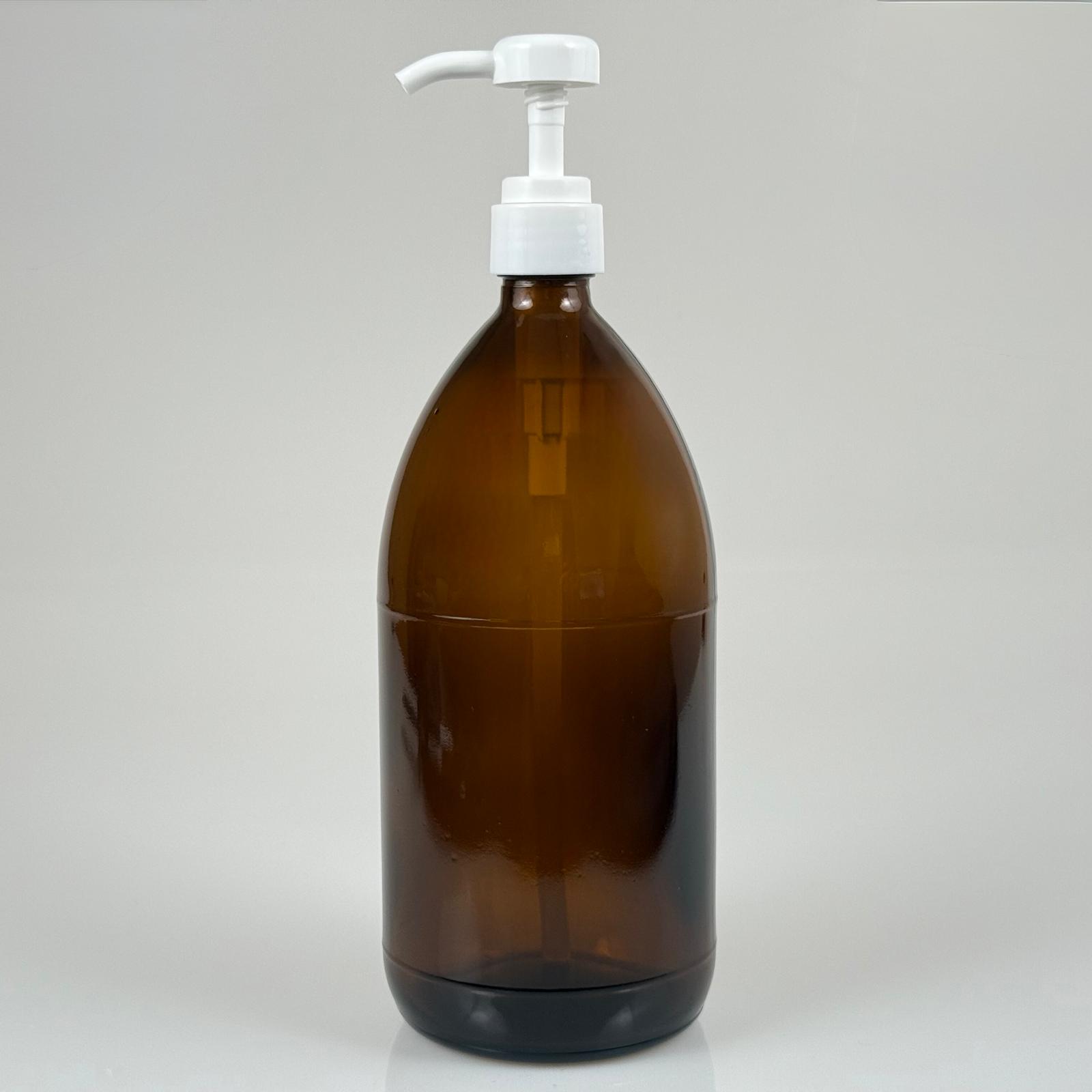 1000 Cc Amber Cam Şişe - Beyaz Dozaj Pompalı (Her Basmada 4 Cc Sıvı Atar)  - 1000 Ml Pompalı Şişe - Şurup, Şampuan, Krem Gibi Yoğun Kıvamlı Sıvılarda Kullanılır