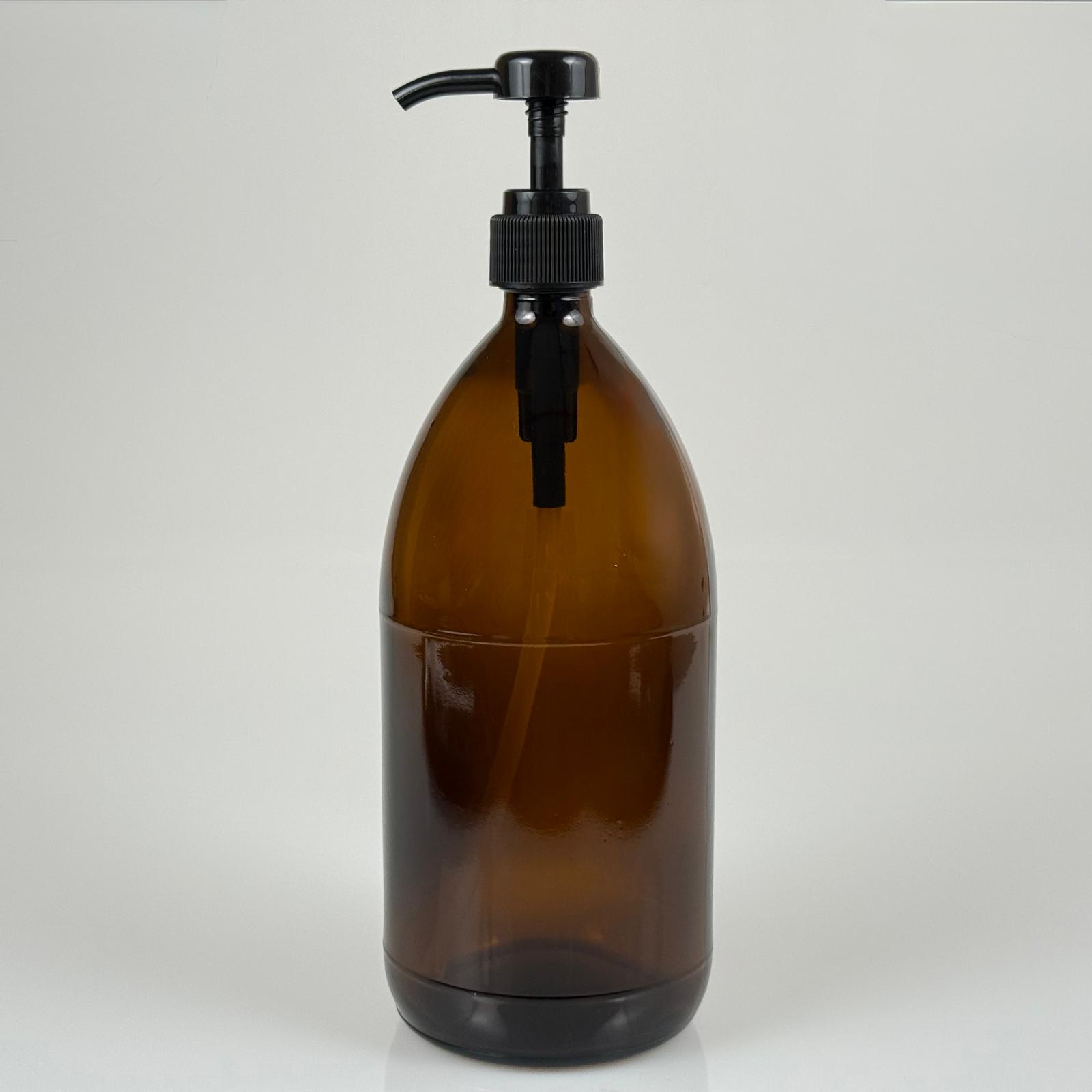 1000 Cc Amber Cam Şişe - Siyah Dozaj Pompalı (Her Basmada 4 Cc Sıvı Atar)  - 1000 Ml Pompalı Şişe - Şurup, Şampuan, Krem Gibi Yoğun Kıvamlı Sıvılarda Kullanılır
