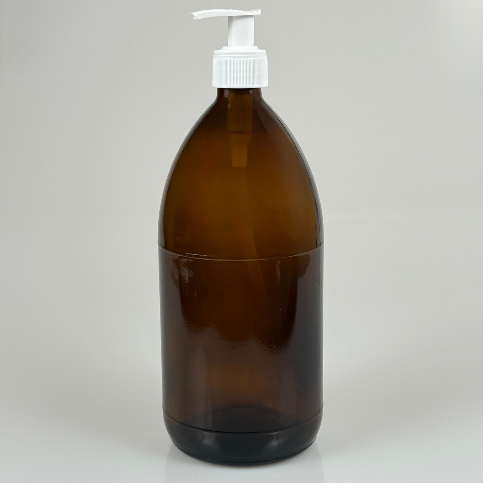 1000 Cc Amber Tombul Özel Seri Cam Şişe - Beyaz Pompalı - 1000 Ml Cam Ecza Şişesi - Kahverengi