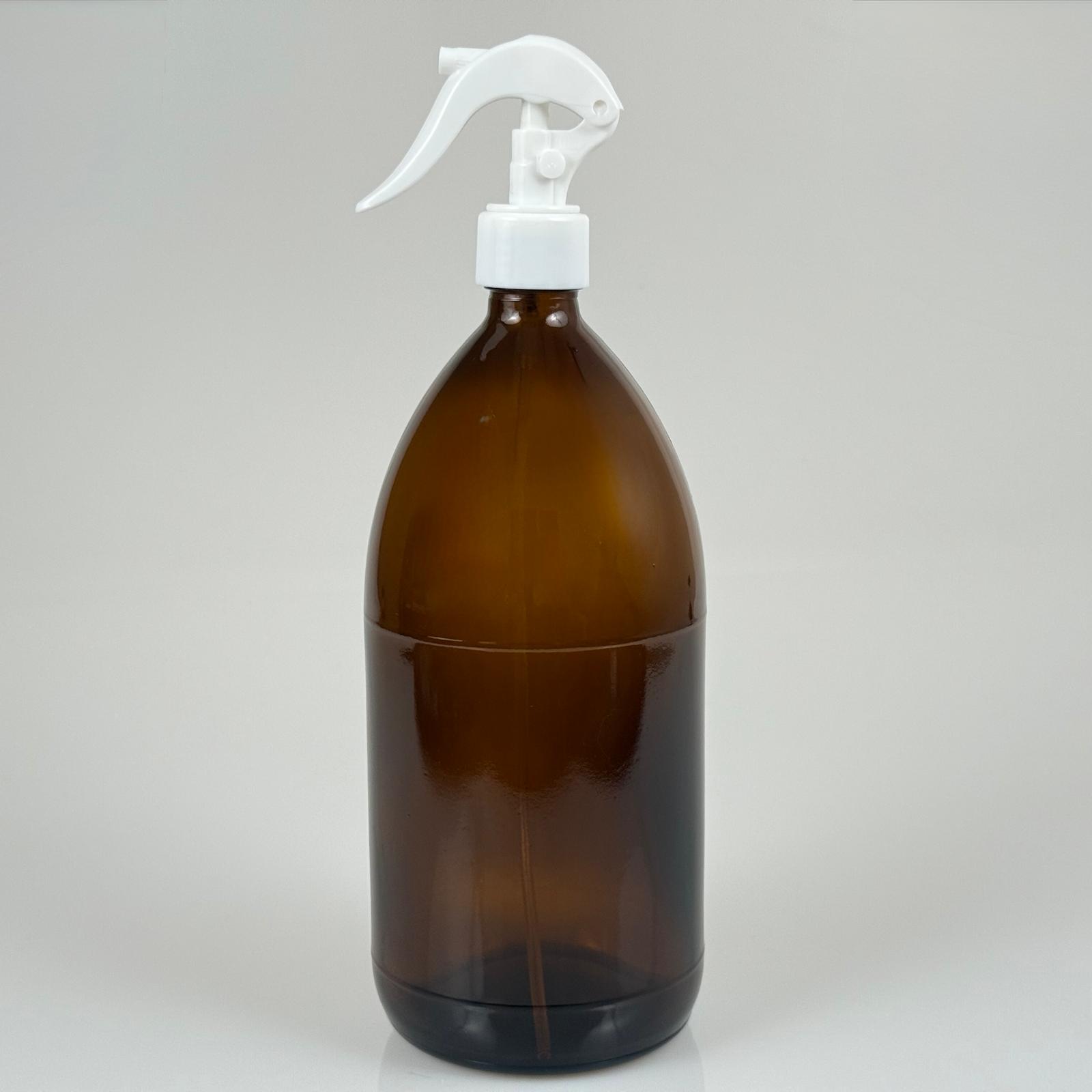 1000 Cc Amber Tombul Özel Seri Cam Şişe - Beyaz Triger Spreyli (Duman Şeklinde Püskürtür) - 1000 Ml Cam Ecza Şişesi - Kahverengi