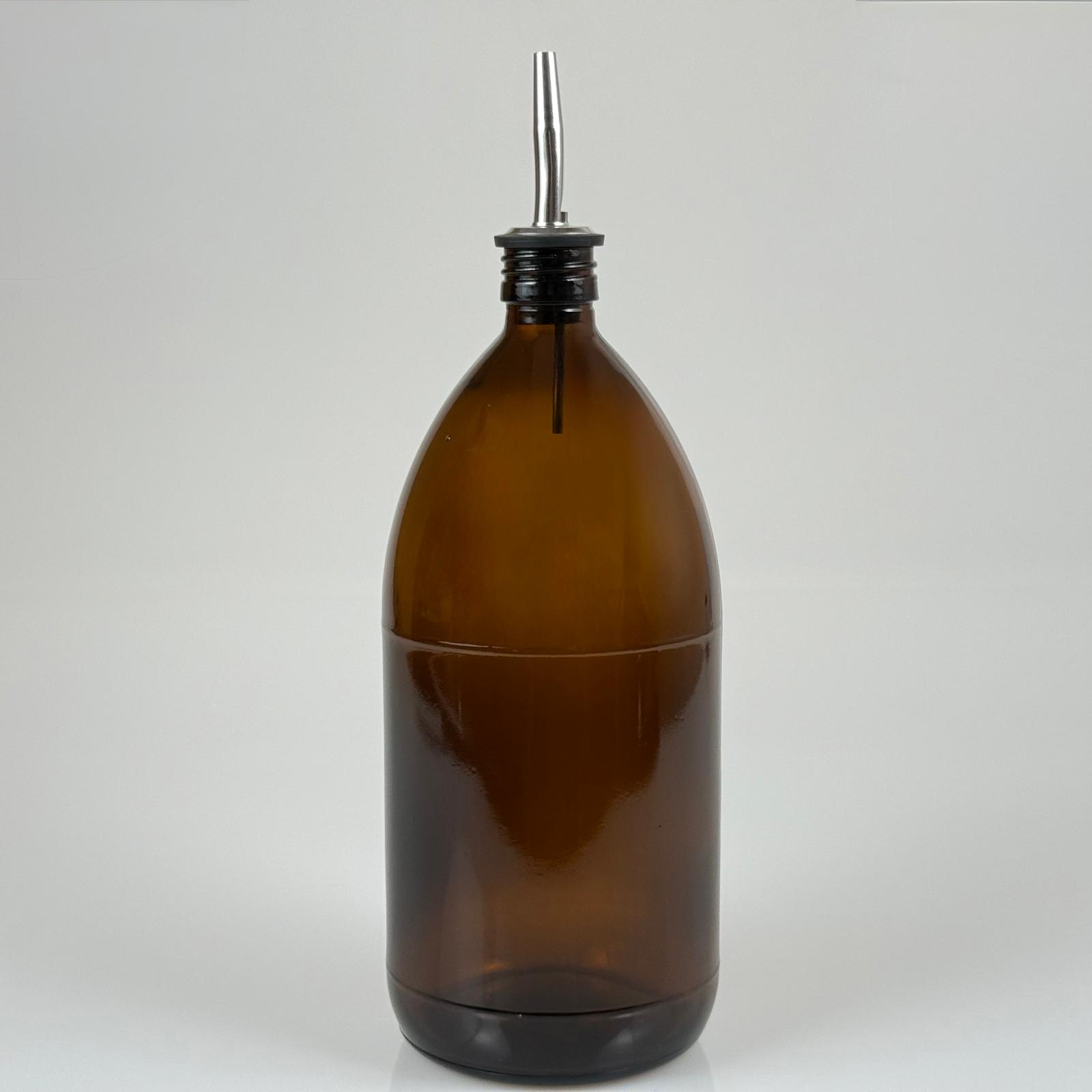1000 Cc Amber Tombul Özel Seri Cam Şişe - Çelik Yağdanlık Tıpalı - 1000 Ml Cam Ecza Şişesi - Kahverengi
