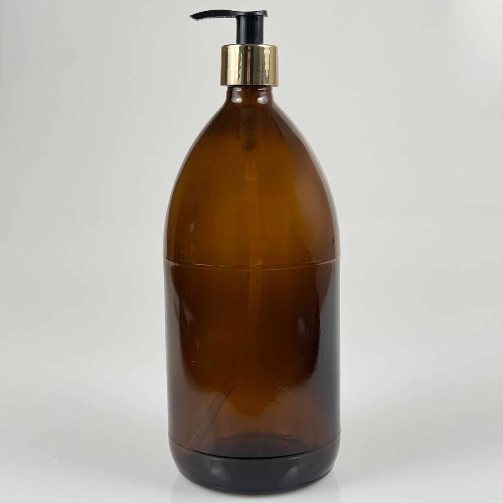 1000 Cc Amber Tombul Özel Seri Cam Şişe - Gold Metal Kaplamalı Pompalı - 1000 Ml Cam Ecza Şişesi - Kahverengi