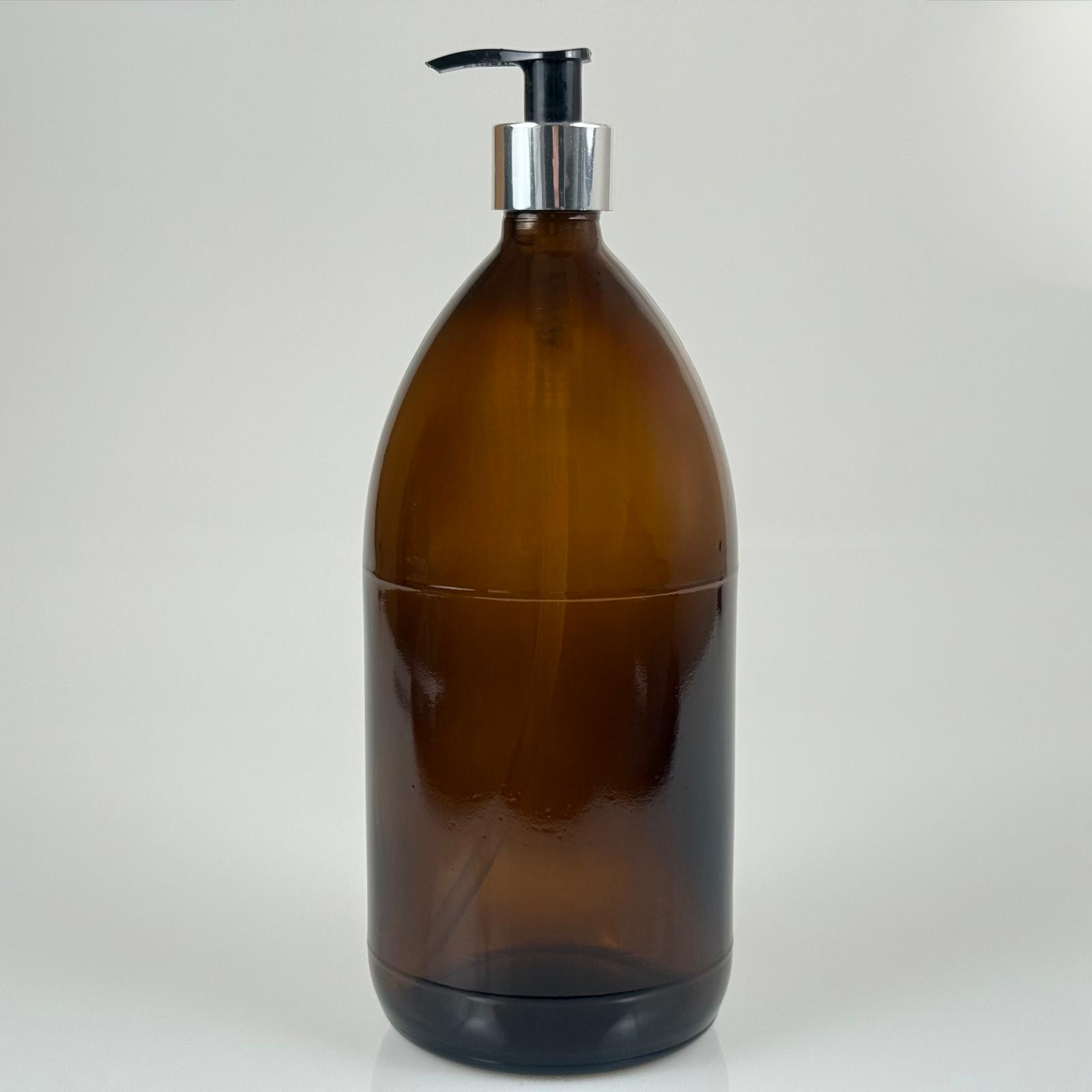 1000 Cc Amber Tombul Özel Seri Cam Şişe - Gümüş Metal Kaplamalı Pompalı - 1000 Ml Cam Ecza Şişesi - Kahverengi
