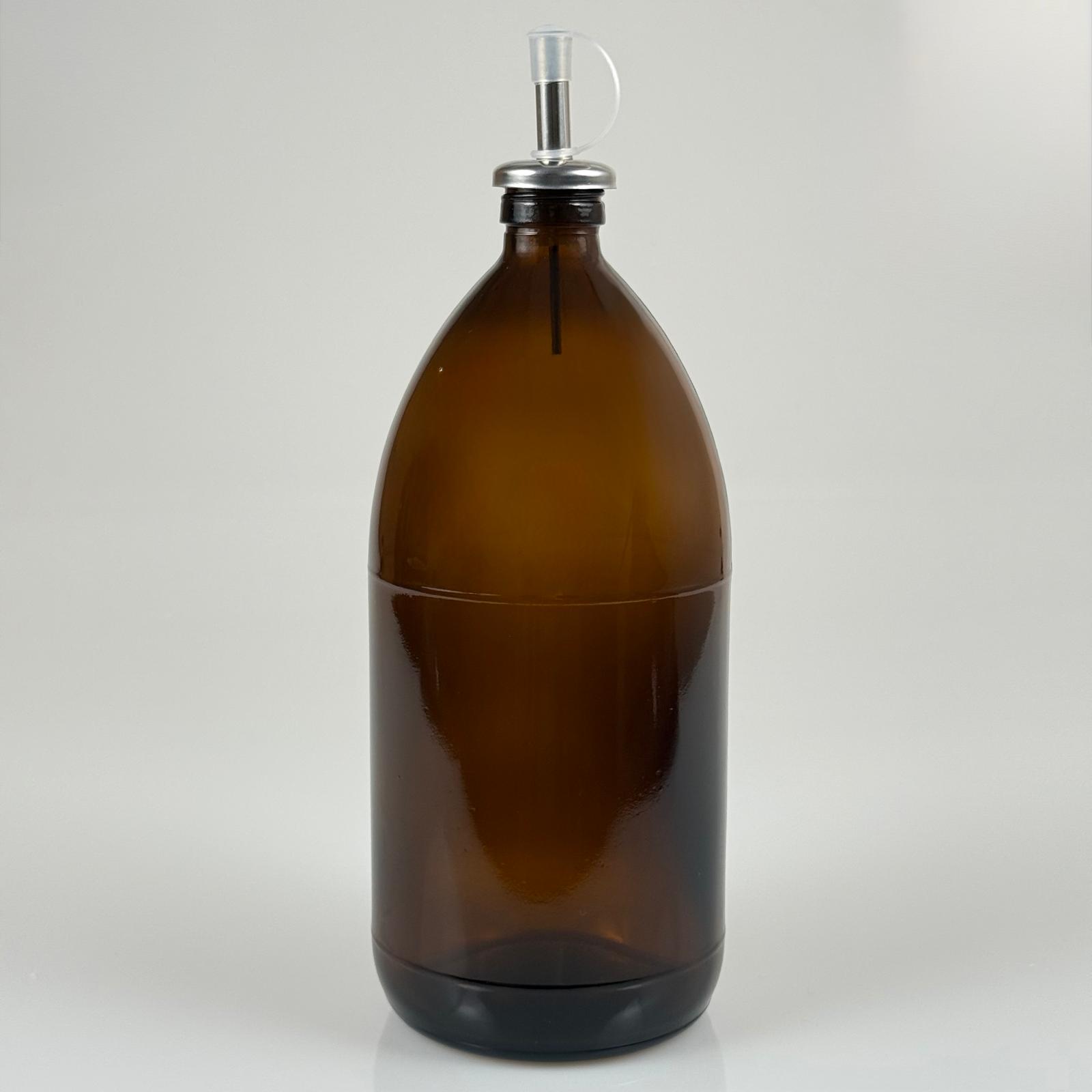 1000 Cc Amber Tombul Özel Seri Cam Şişe - Kapaklı Çelik Yağdanlık Tıpalı - 1000 Ml Cam Ecza Şişesi - Kahverengi