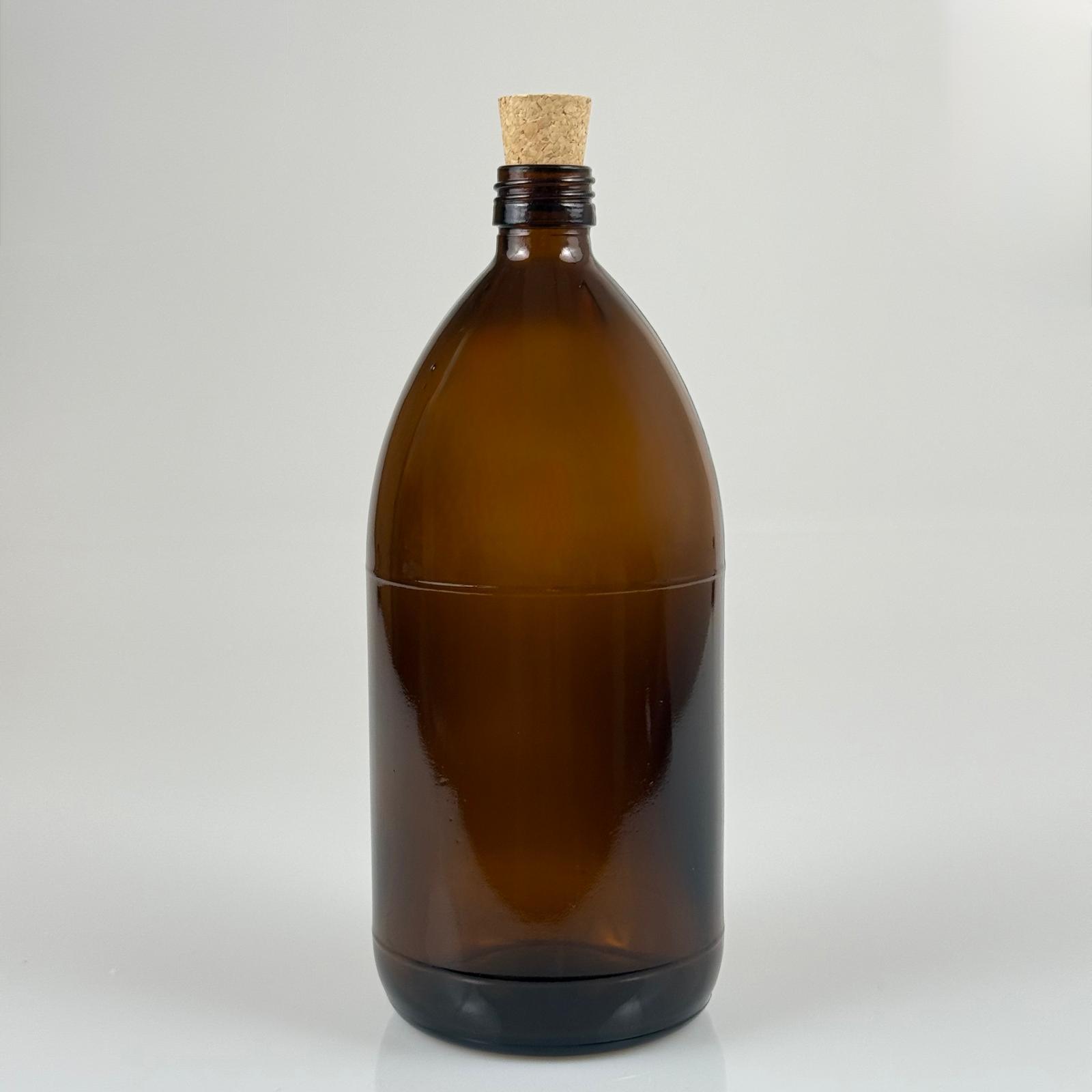 1000 Cc Amber Tombul Özel Seri Cam Şişe - Mantar Tıpalı - 1000 Ml Cam Ecza Şişesi - Kahverengi