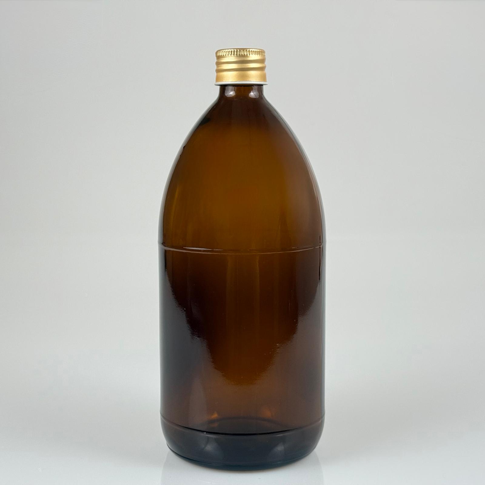 1000 Cc Amber Tombul Özel Seri Cam Şişe - Metal Alüminyum Gold Köpük Contalı Kapaklı - 1000 Ml Cam Ecza Şişesi - Kahverengi