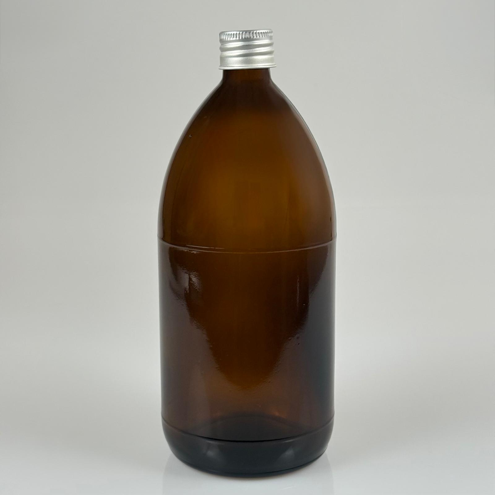 1000 Cc Amber Tombul Özel Seri Cam Şişe - Metal Alüminyum Gümüş Köpük Contalı Kapaklı - 1000 Ml Cam Ecza Şişesi - Kahverengi