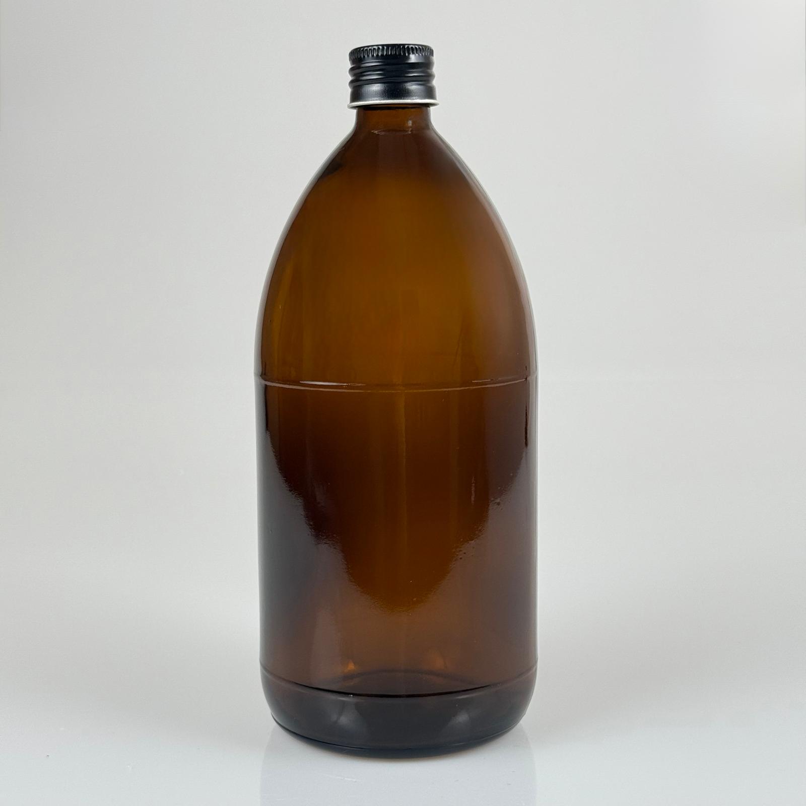 1000 Cc Amber Tombul Özel Seri Cam Şişe - Metal Alüminyum Siyah Köpük Contalı Kapaklı - 1000 Ml Cam Ecza Şişesi - Kahverengi