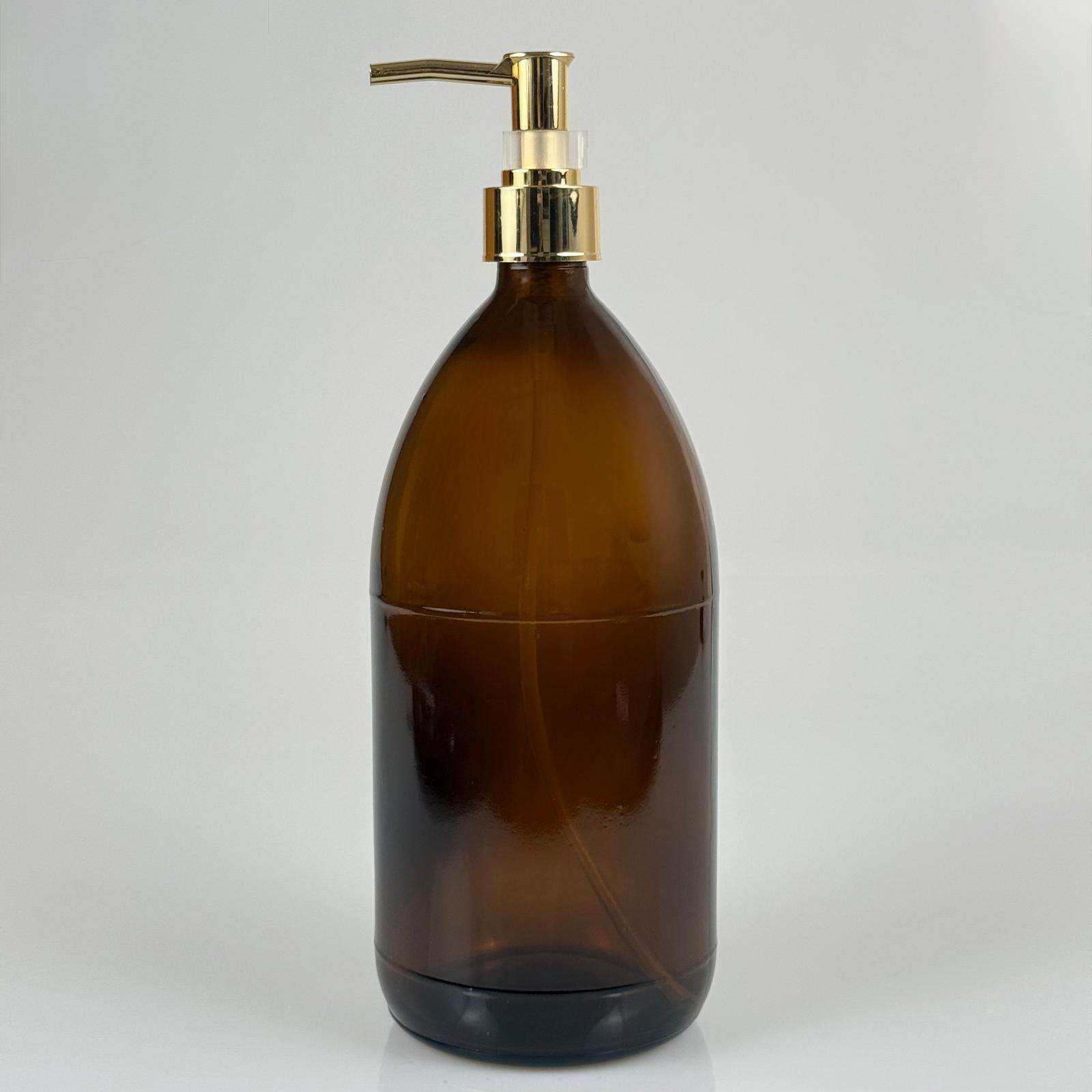 1000 Cc Amber Tombul Özel Seri Cam Şişe - Metalik Kaplamalı Lüx Gold Pompalı - 1000 Ml Cam Ecza Şişesi - Kahverengi