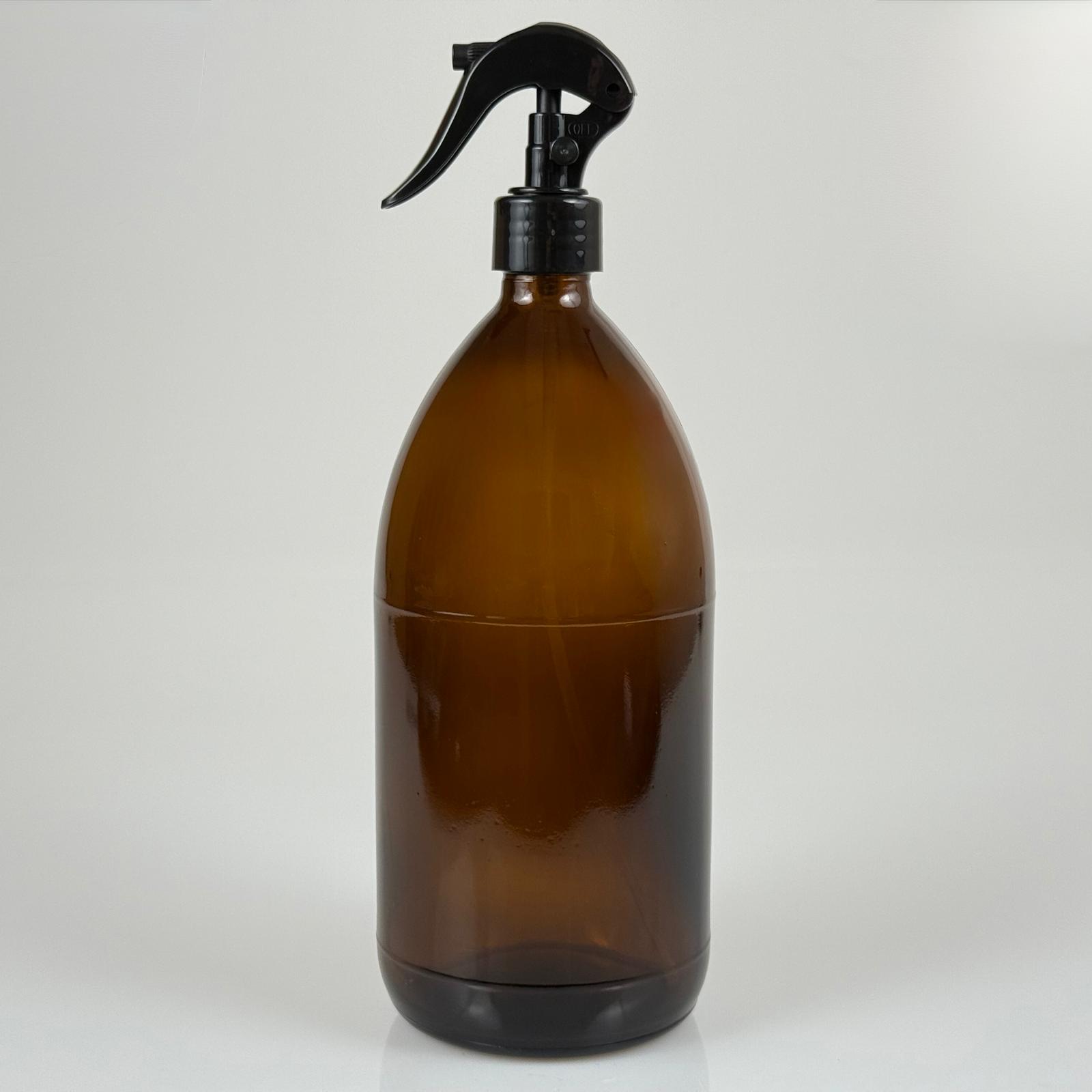 1000 Cc Amber Tombul Özel Seri Cam Şişe - Siyah Triger Spreyli (Duman Şeklinde Püskürtür) - 1000 Ml Cam Ecza Şişesi - Kahverengi