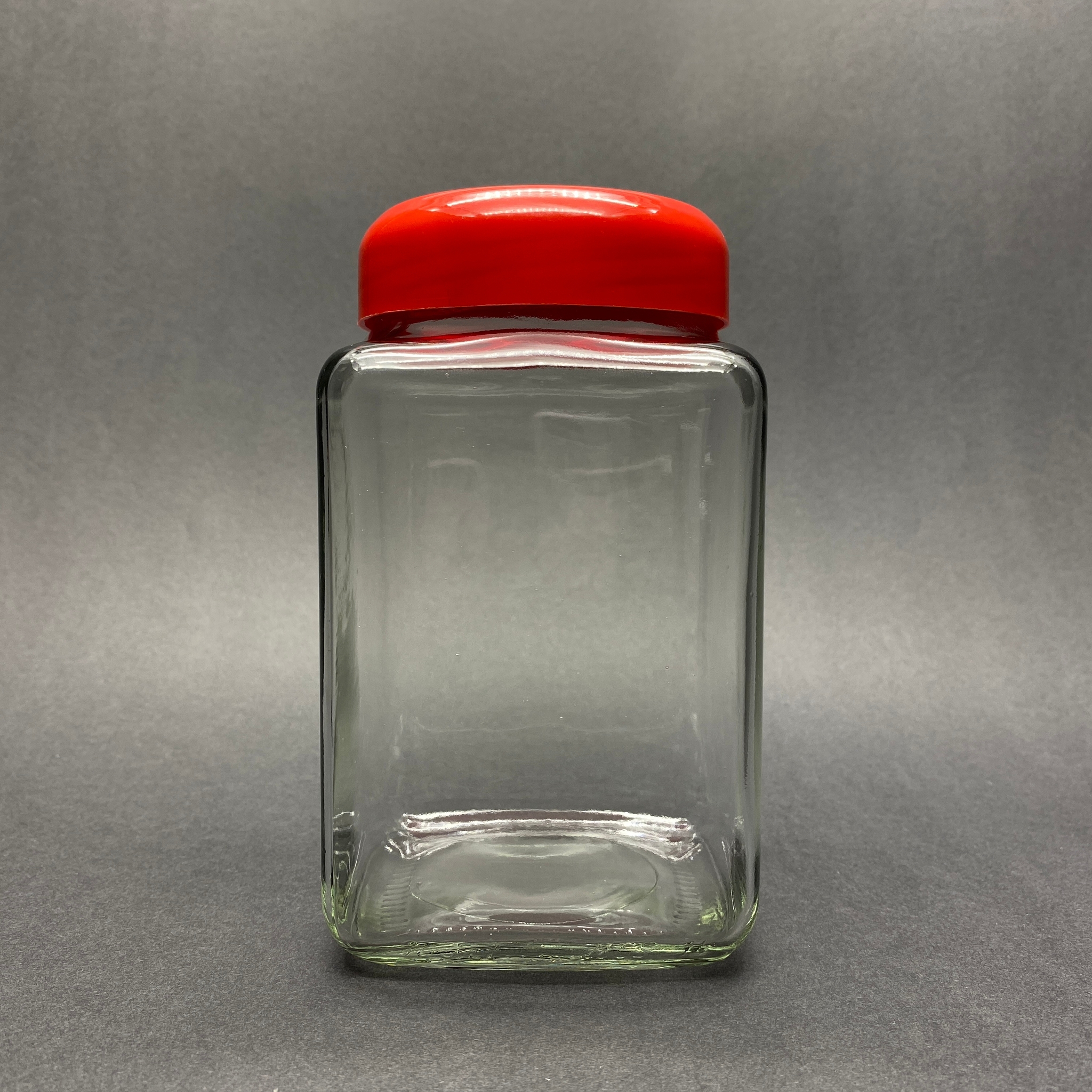 1000 Cc Cam Kare Kavanoz -  Kırmızı Plastik Kapaklı - 1 Litre Köşeli Cam Kavanoz
