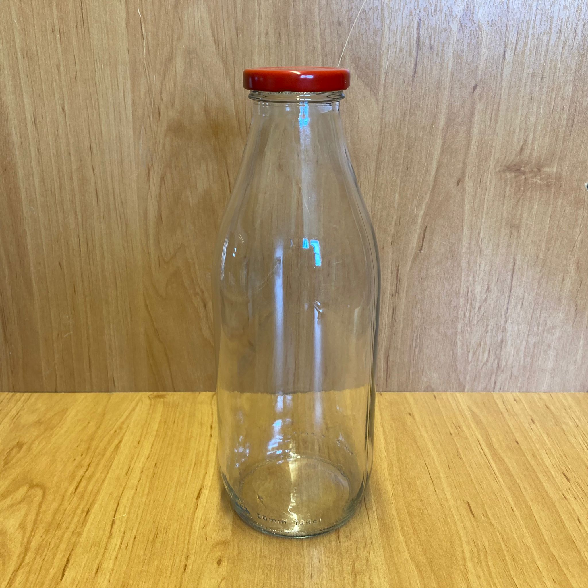 1000 Cc Cam Şişe - Kırmızı Metal Kapaklı - 1 Litre Cam Şişe - Geniş Ağızlı Düz Model Konserveye Uygun
