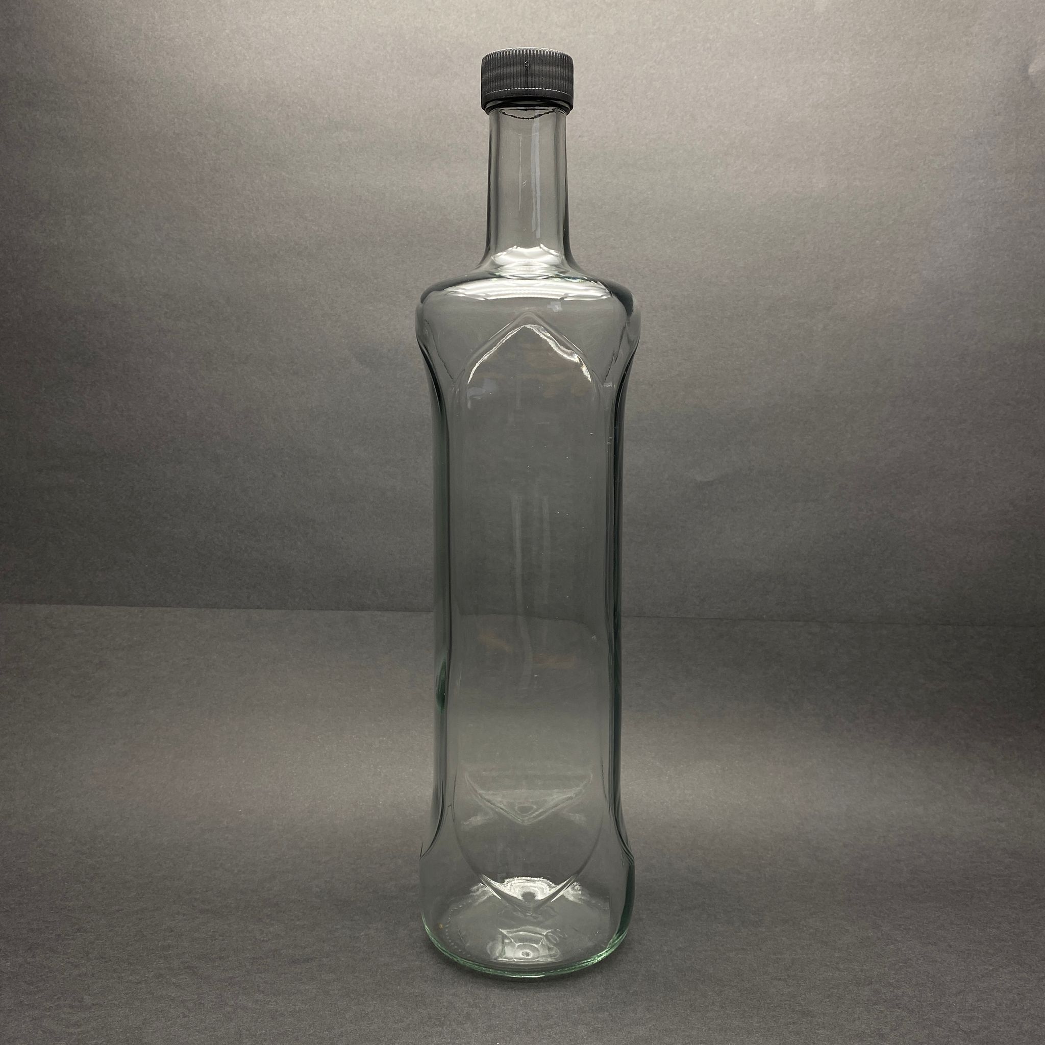 1000 Cc Dorika Oval Desenli Cam Şişe - Siyah Plastik Kapaklı - 1 Litre Yağ Şişesi - Sirke Şişesi