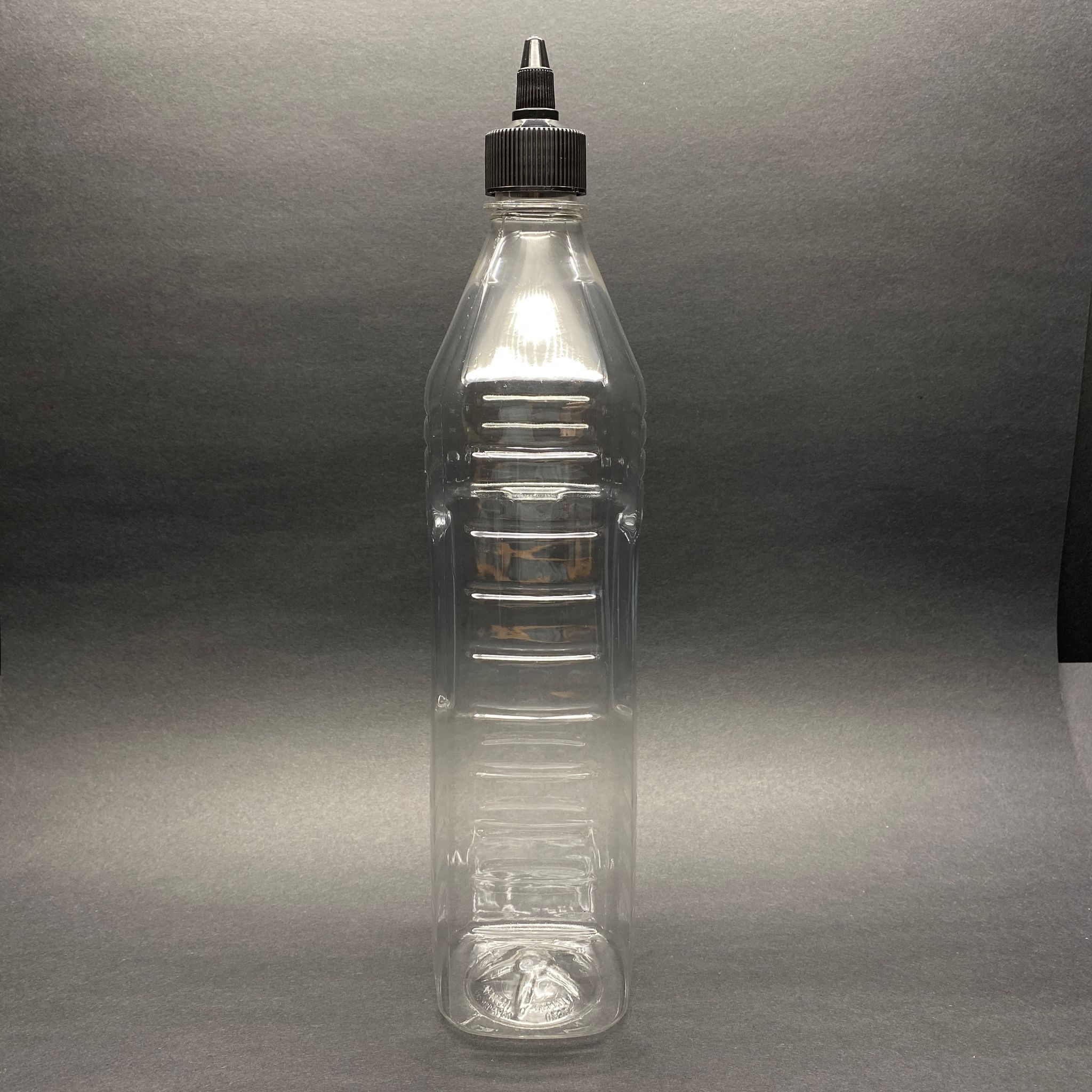 1000 Cc Sivri Twist Asansör Kapaklı Şeffaf Köşeli Pet Şişe - 1 Litre Akıtıcı Siyah Kapaklı Pet Şişe