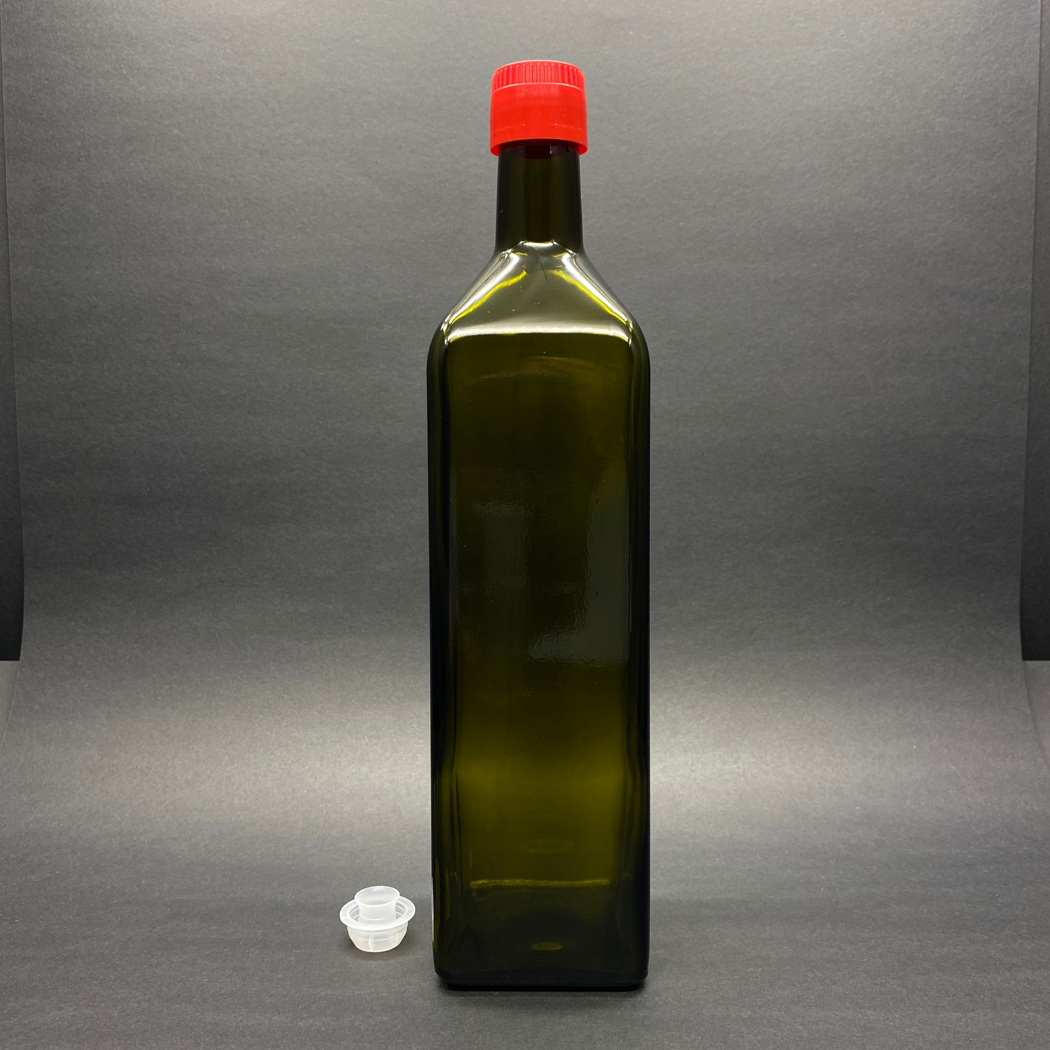 1000 Cc Yeşil Maraska Cam Şişe - Kırmızı Drop - Stop Kilitli Akıtıcılı Plastik Kapaklı - 1 Litre Köşeli Yağ Şişesi
