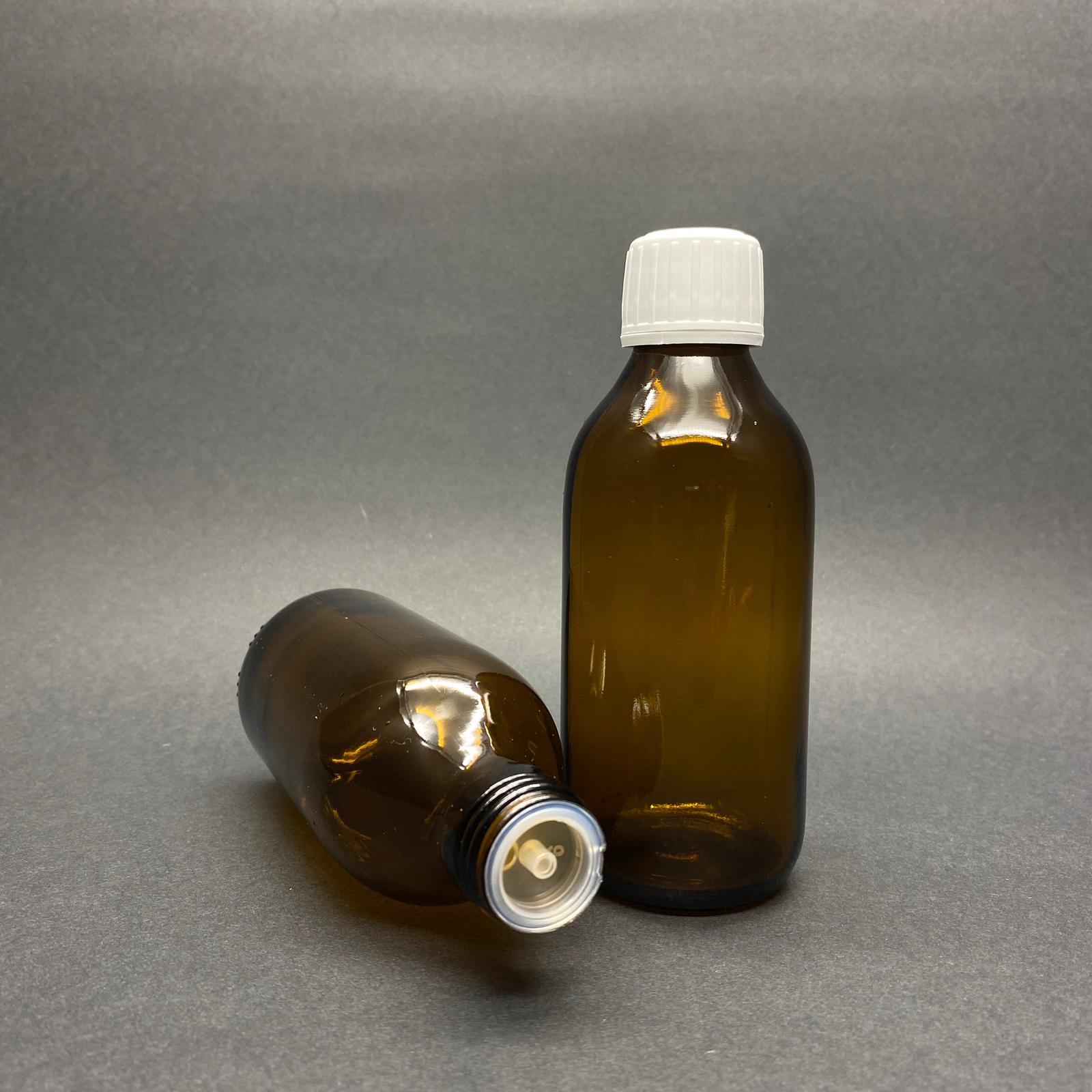 150 Cc Amber Cam Şişe - 25 Pp Ağız  - Beyaz Kilitli İçten Damlalıklı Ecza Kapaklı - 150 Ml Kahverengi Boş Şurup Şişesi  - 150 Ml Ecza Şişesi 25 Pp