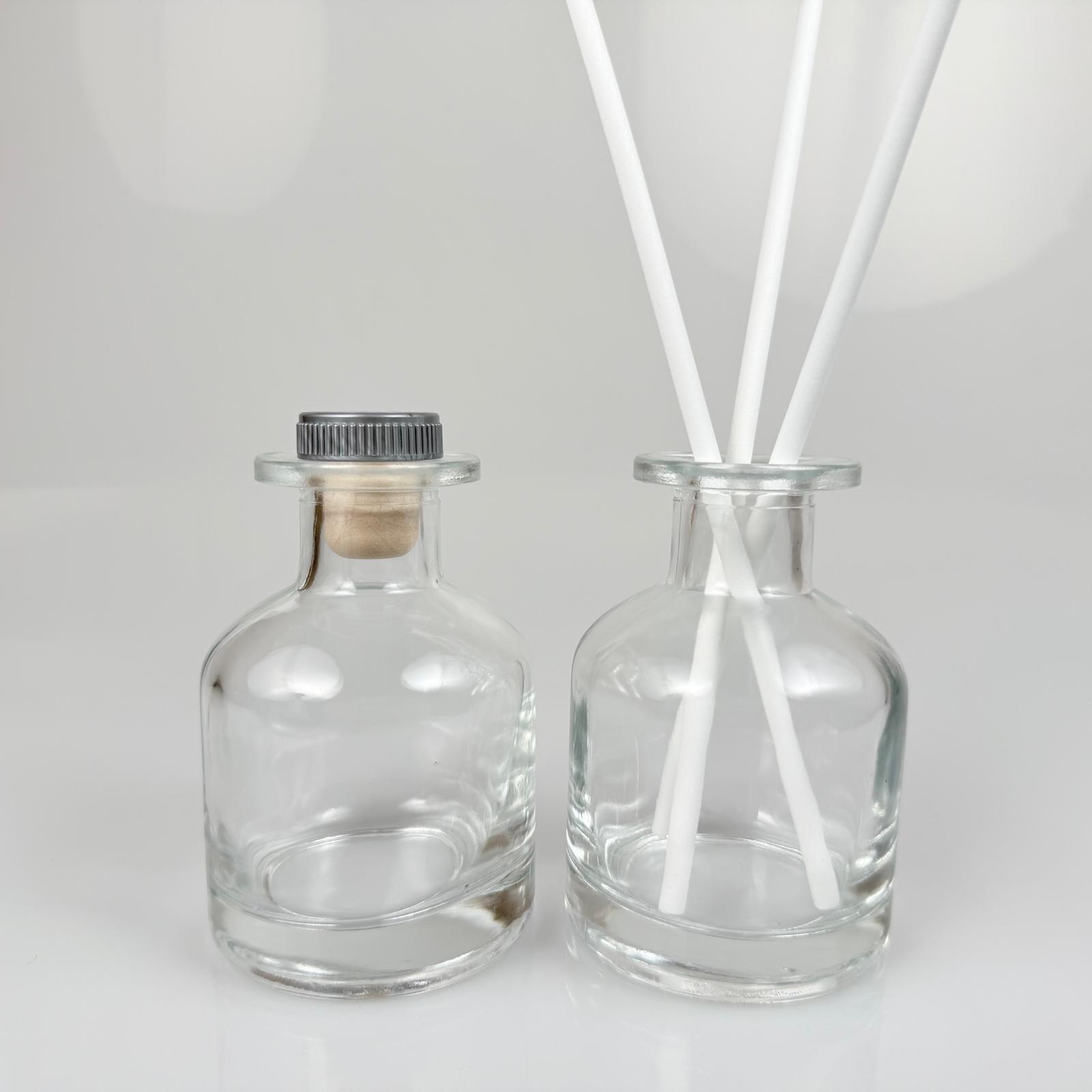150 Cc Cam Bambu Silindir Oda Kokusu Şişesi - 150 Ml Diffuser Cam Şişe + Gri Mantar Tıpa + 3 Adet 24 Cm Beyaz Fiber Bambu Çubuk