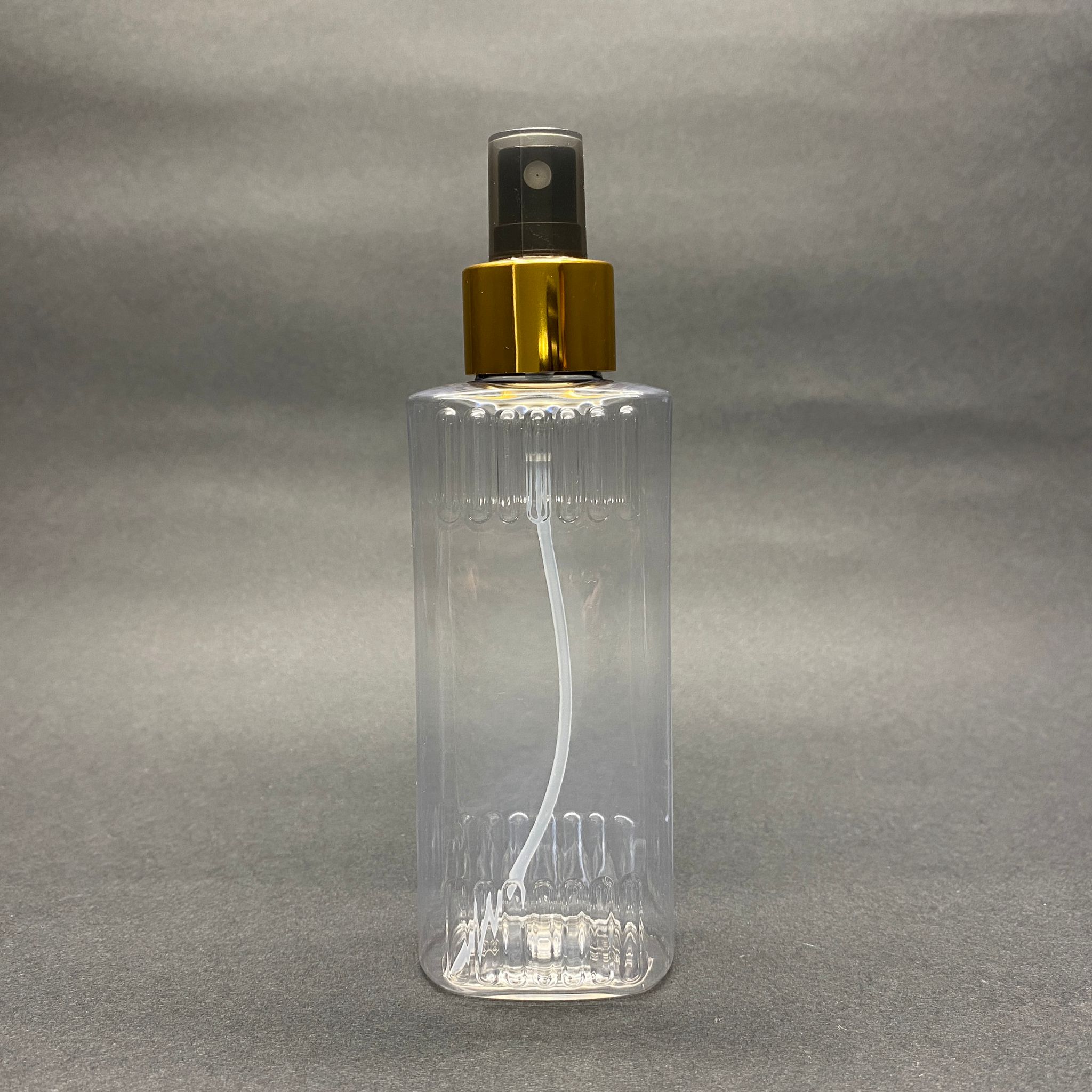 150 Cc Yassı Üstü Tırtıklı Pet Şişe - Gold Metal Spreyli  - 150 Ml Plastik Spreyli Kolonya Şişesi