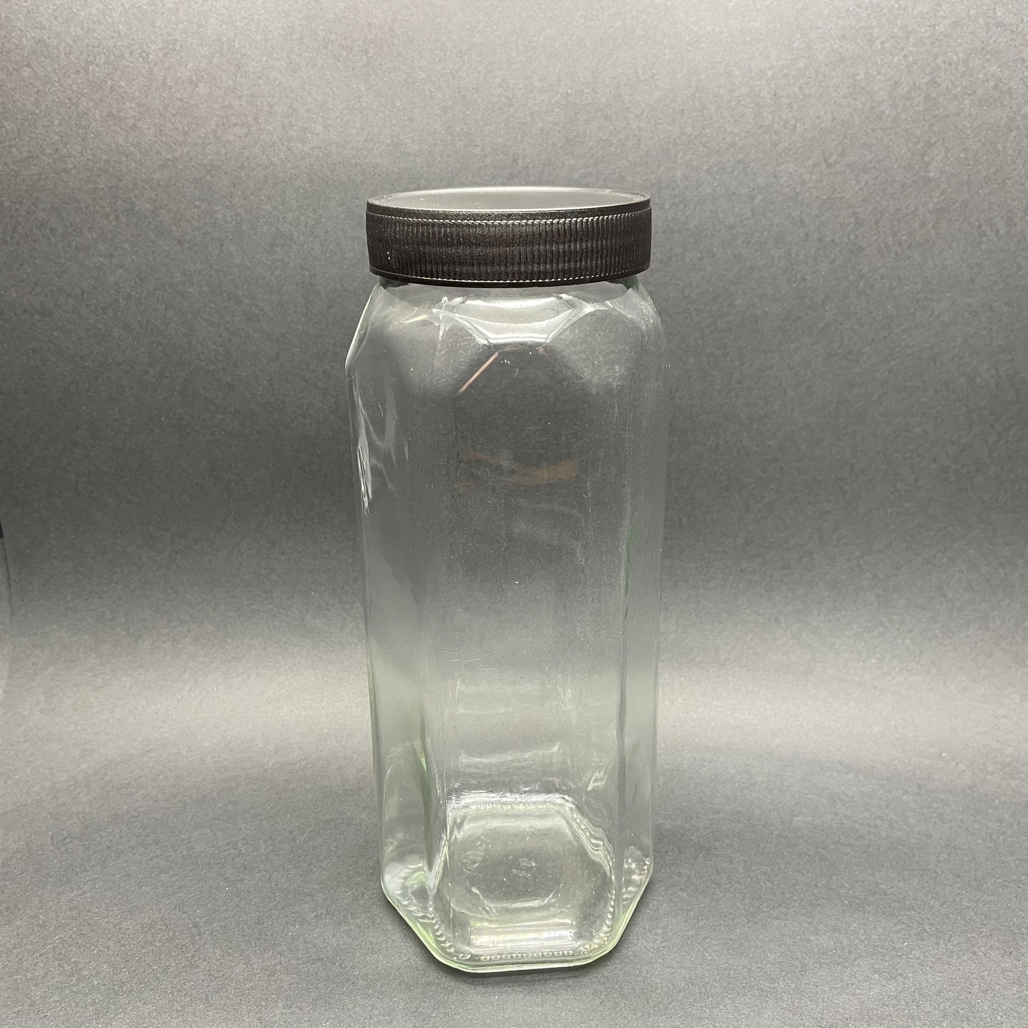 1500 Cc Altıgen Cam Kavanoz - Siyah Plastik Kapaklı - Net 2 Kg Bal Alır