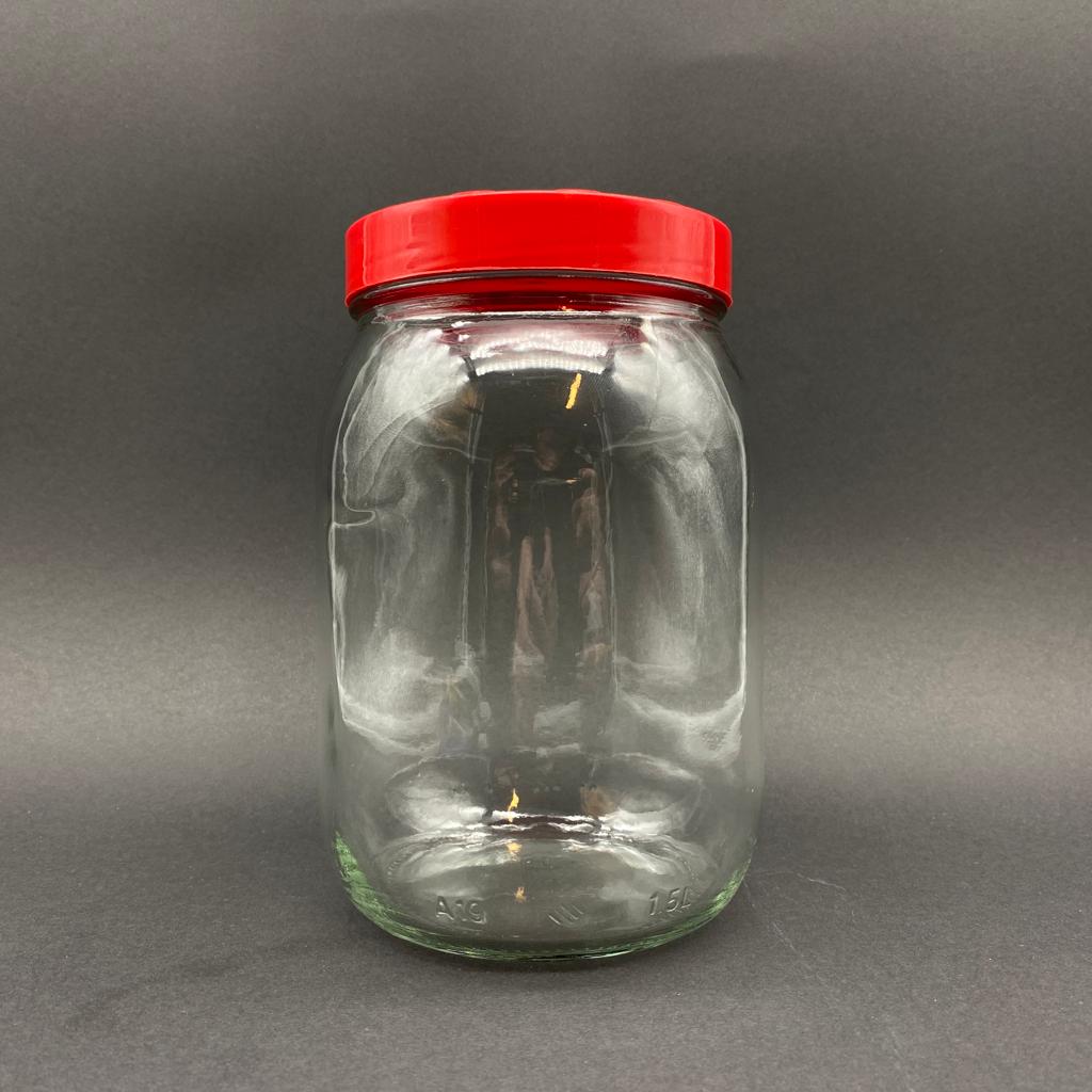 1500 Cc Cam Kavanoz - Kırmızı Plastik Kapaklı - 1,5 Litre Cam Kavanoz