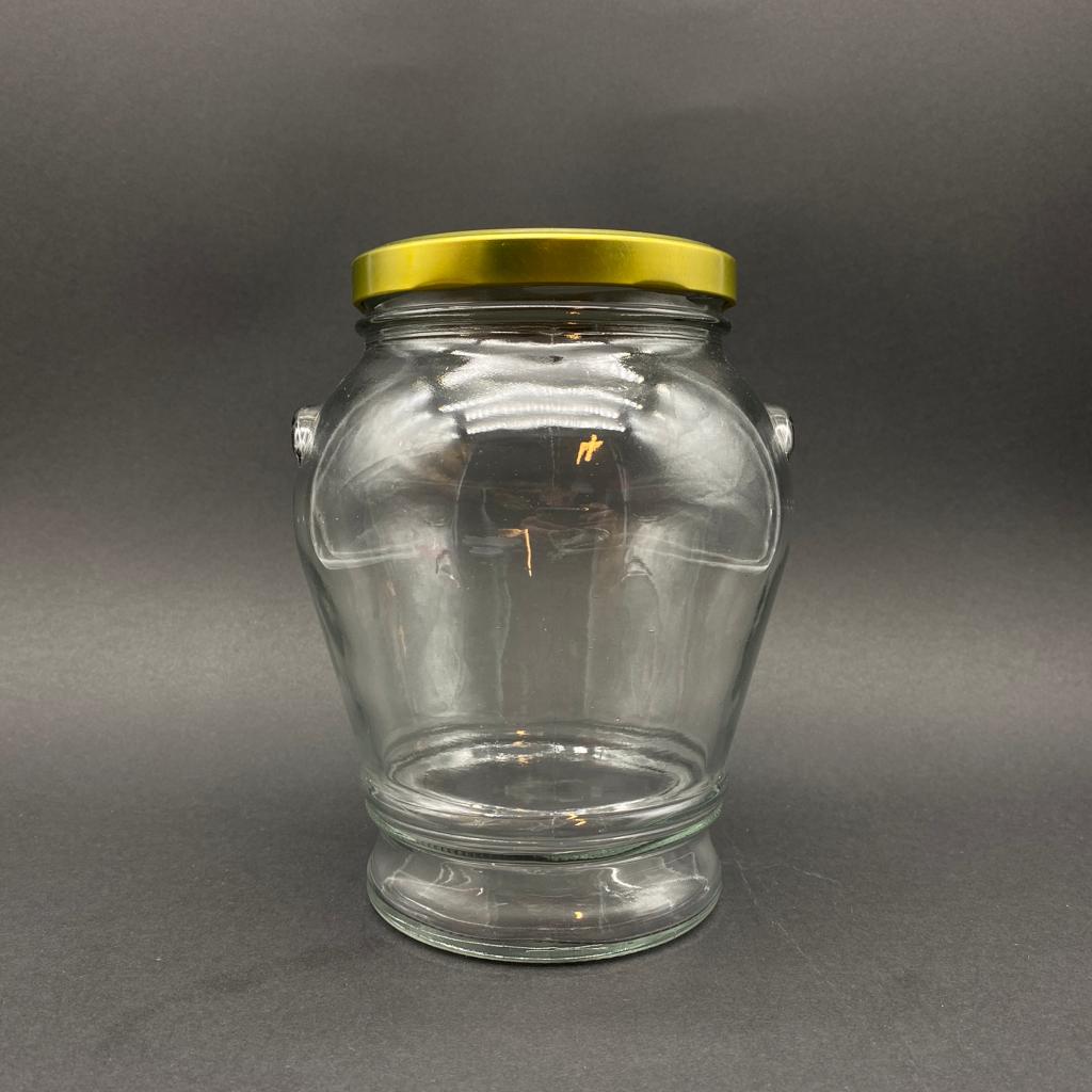 1500 Cc Kulplu Cam Kavanoz - Gold Metal Kapaklı - 1500 Ml Kulplu Cam Kavanoz