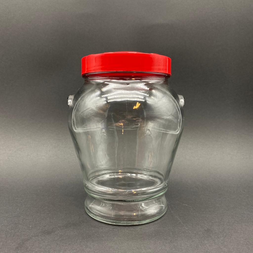 1500 Cc Kulplu Cam Kavanoz - Kırmızı Plastik Kapaklı - 1500 Ml Kulplu Cam Kavanoz