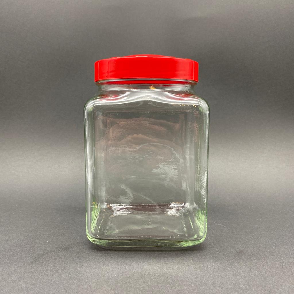 1600 Cc Köşeli Cam Kavanoz - Kırmızı Plastik Kapaklı - 1600Ml Kare Cam Kavanoz