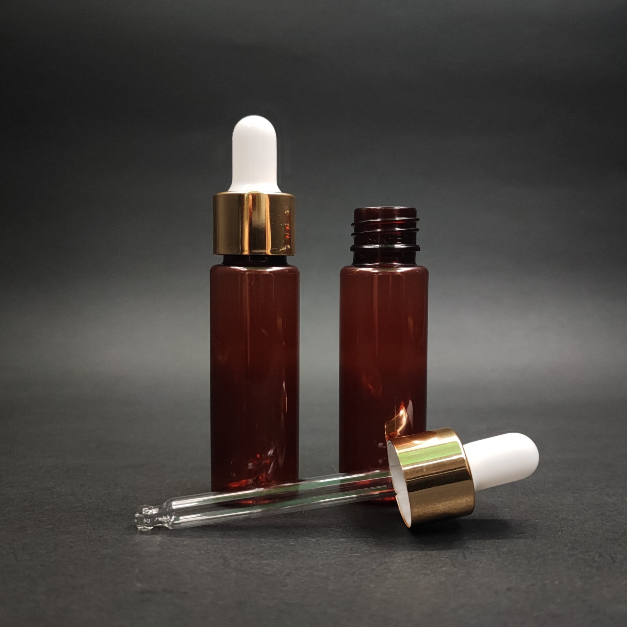 20 Cc Cam Damlalıklı Amber Plastik Şişe - 20 Ml Dropper Pet Şişe + Beyaz Emzik + Gold Kapak + Cam Pipet Set