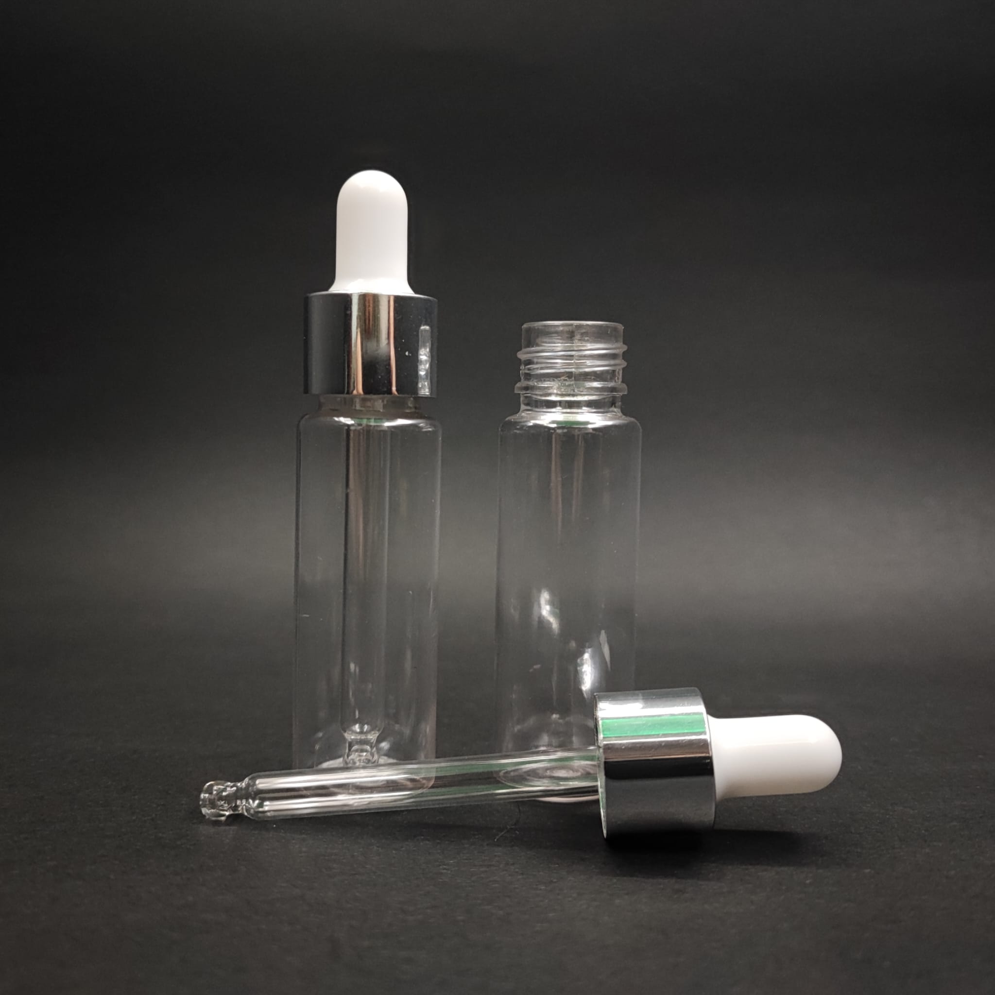 20 Cc Cam Damlalıklı Şeffaf Plastik Şişe - 20 Ml Dropper Pet Şişe + Beyaz Emzik + Gümüş Kapak + Cam Pipet Set