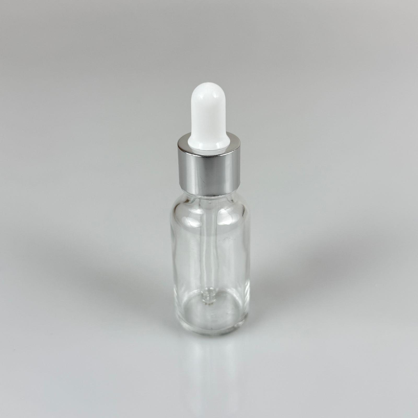 20 Cc Şeffaf Cam Damlalıklı Şişe - Beyaz Emzik - Gümüş Metalik Kapak - 20 Ml Saydam Cam Damlalıklı Şişe