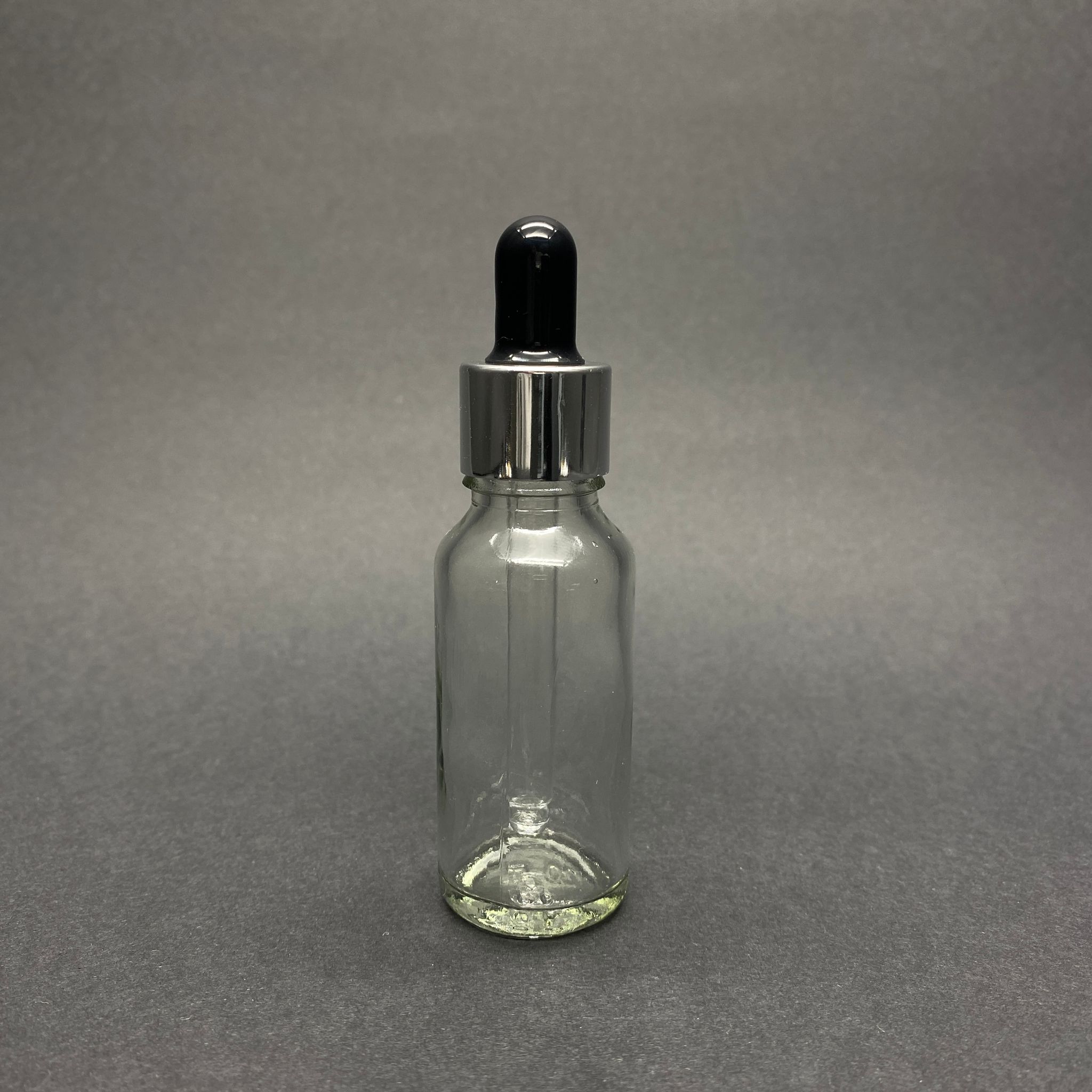 20 Cc Şeffaf Cam Damlalıklı Şişe - Siyah Emzik - Gümüş Metalik Kapak - 20 Ml Saydam Cam Damlalıklı Şişe